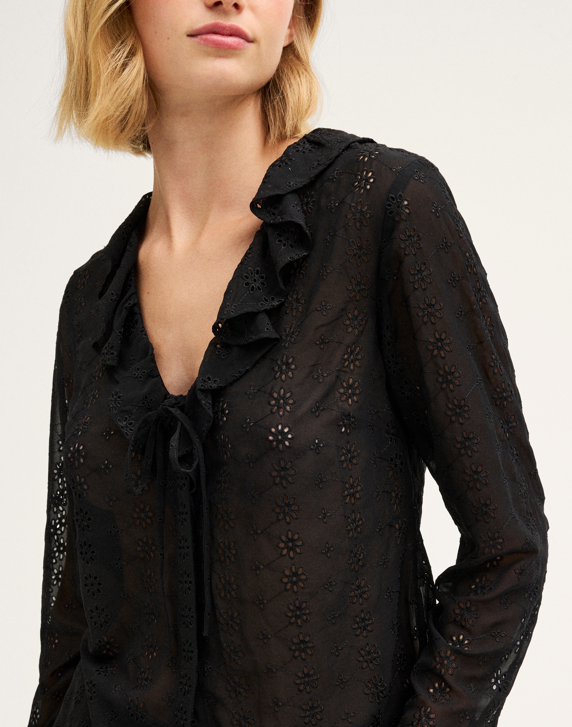 Ruffled V-Neck Long-Sleeve Top