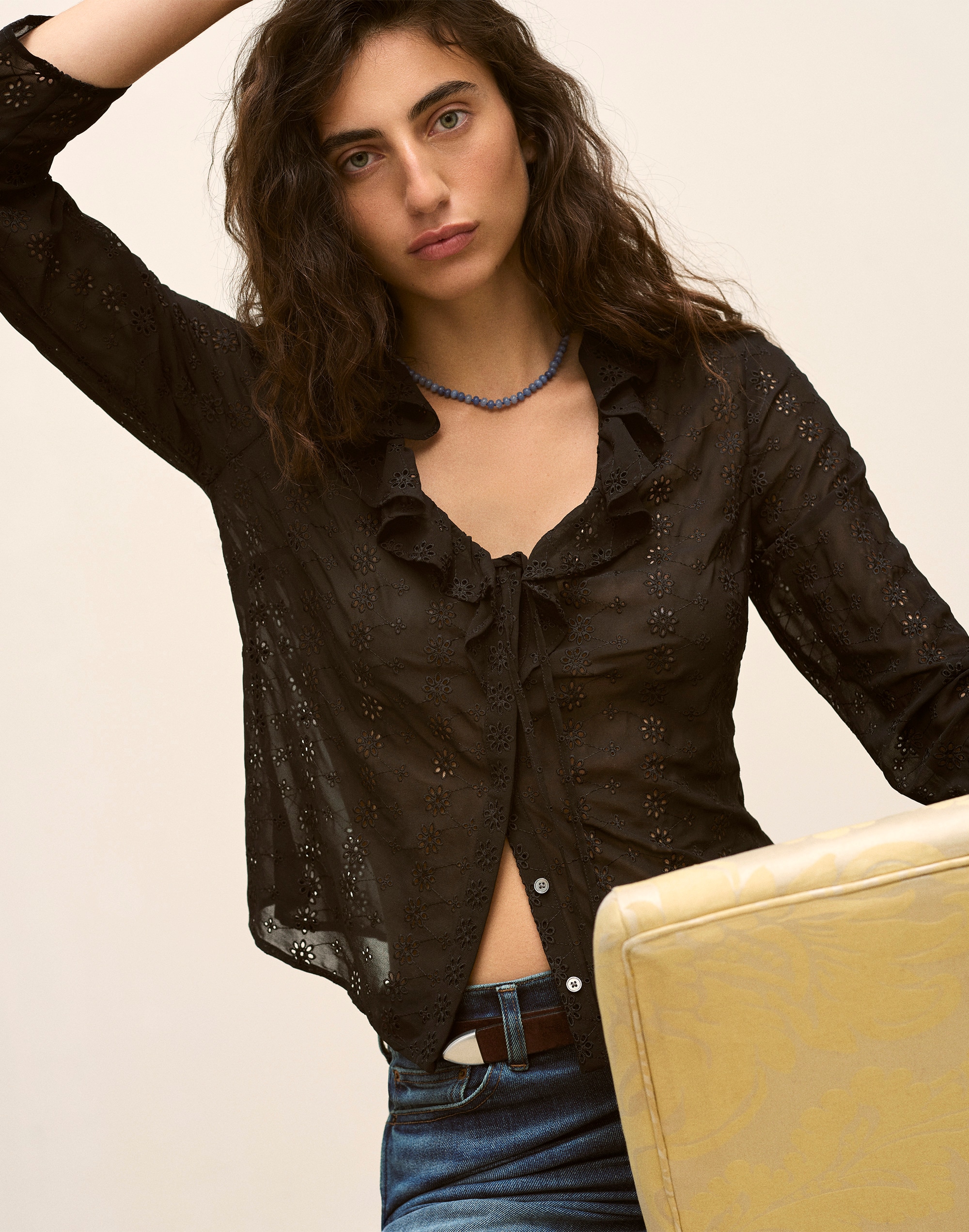 Ruffled V-Neck Long-Sleeve Top