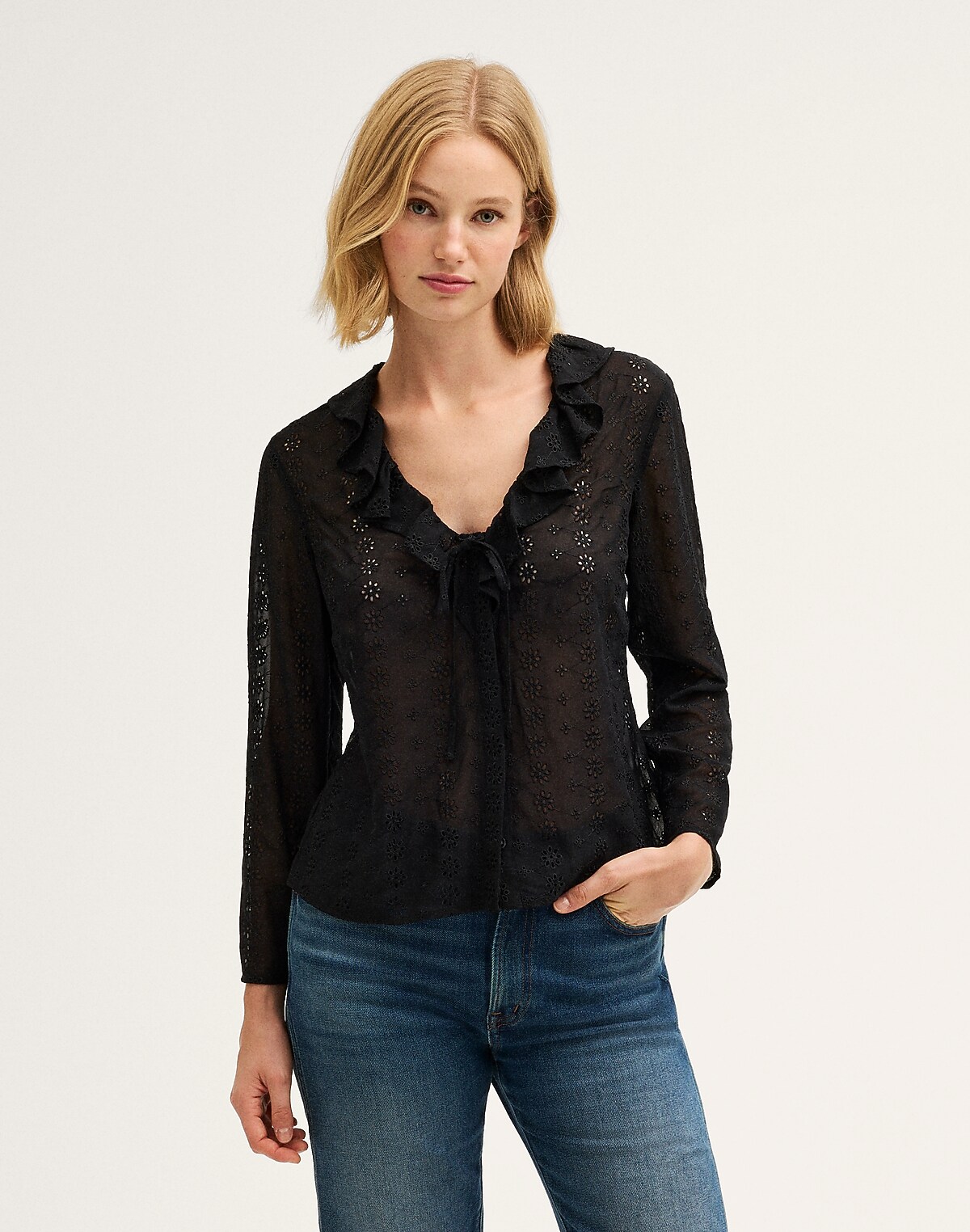 Ruffled V-Neck Long-Sleeve Top