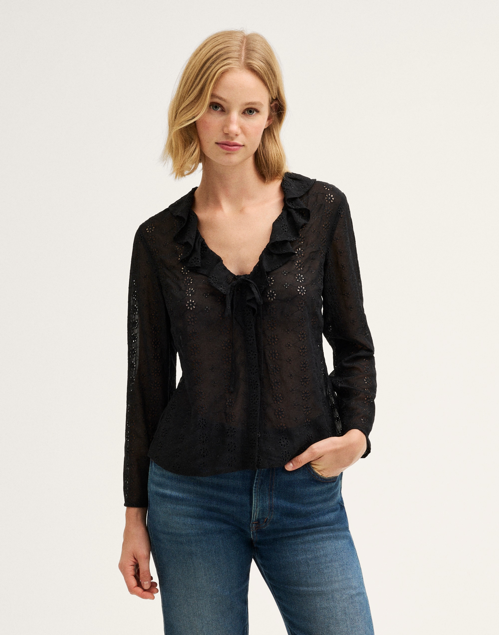 ruffled v-neck long-sleeve top