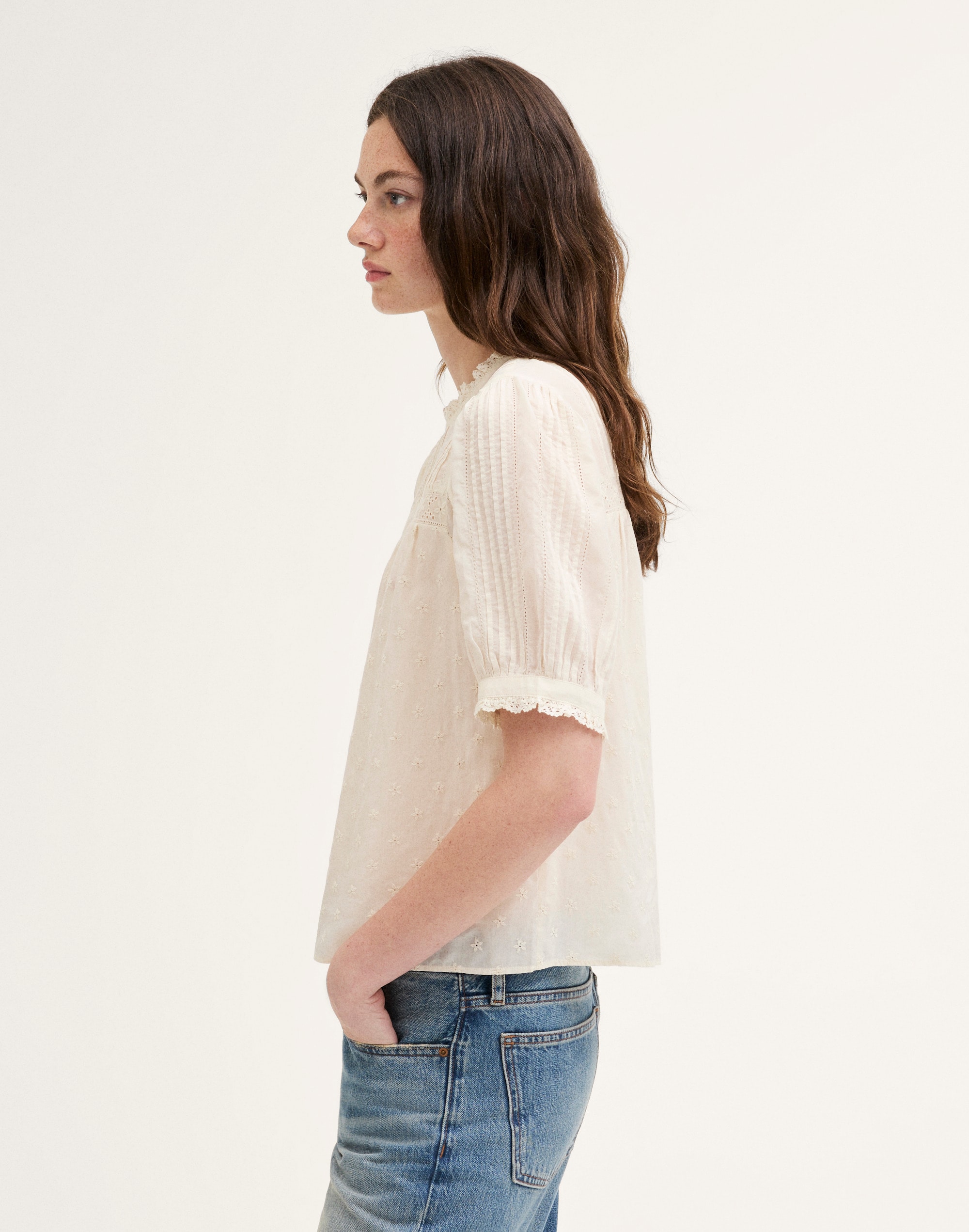 Embroidered Pintuck Crewneck Top