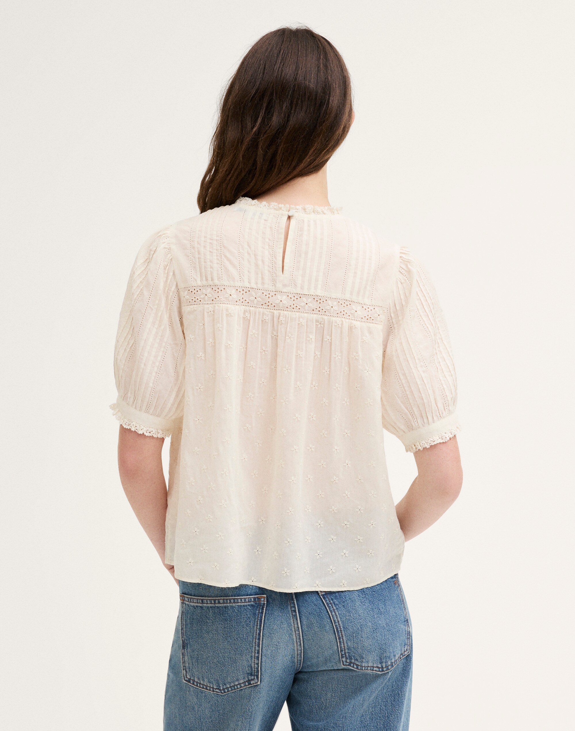 Embroidered Pintuck Crewneck Top
