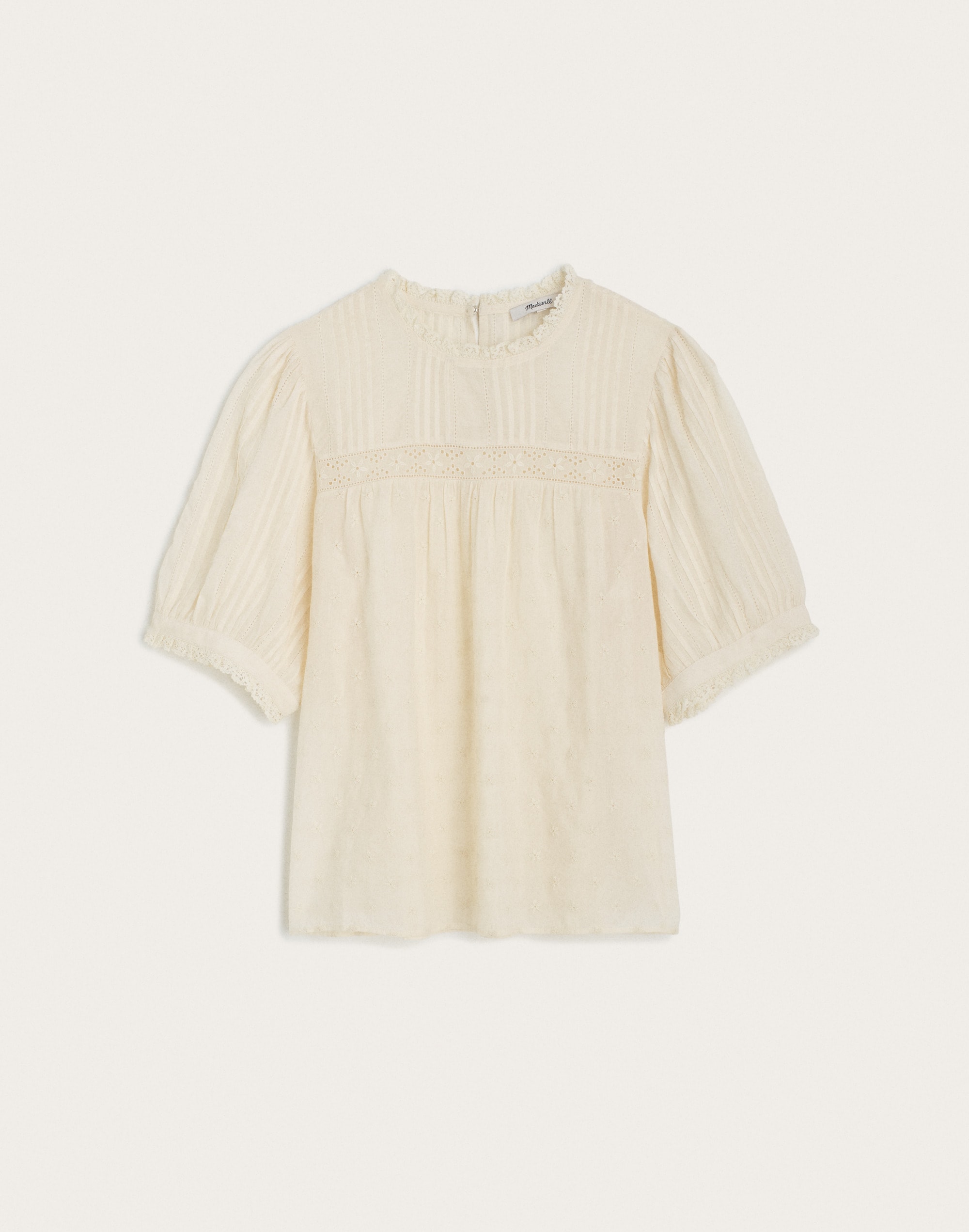Embroidered Pintuck Crewneck Top