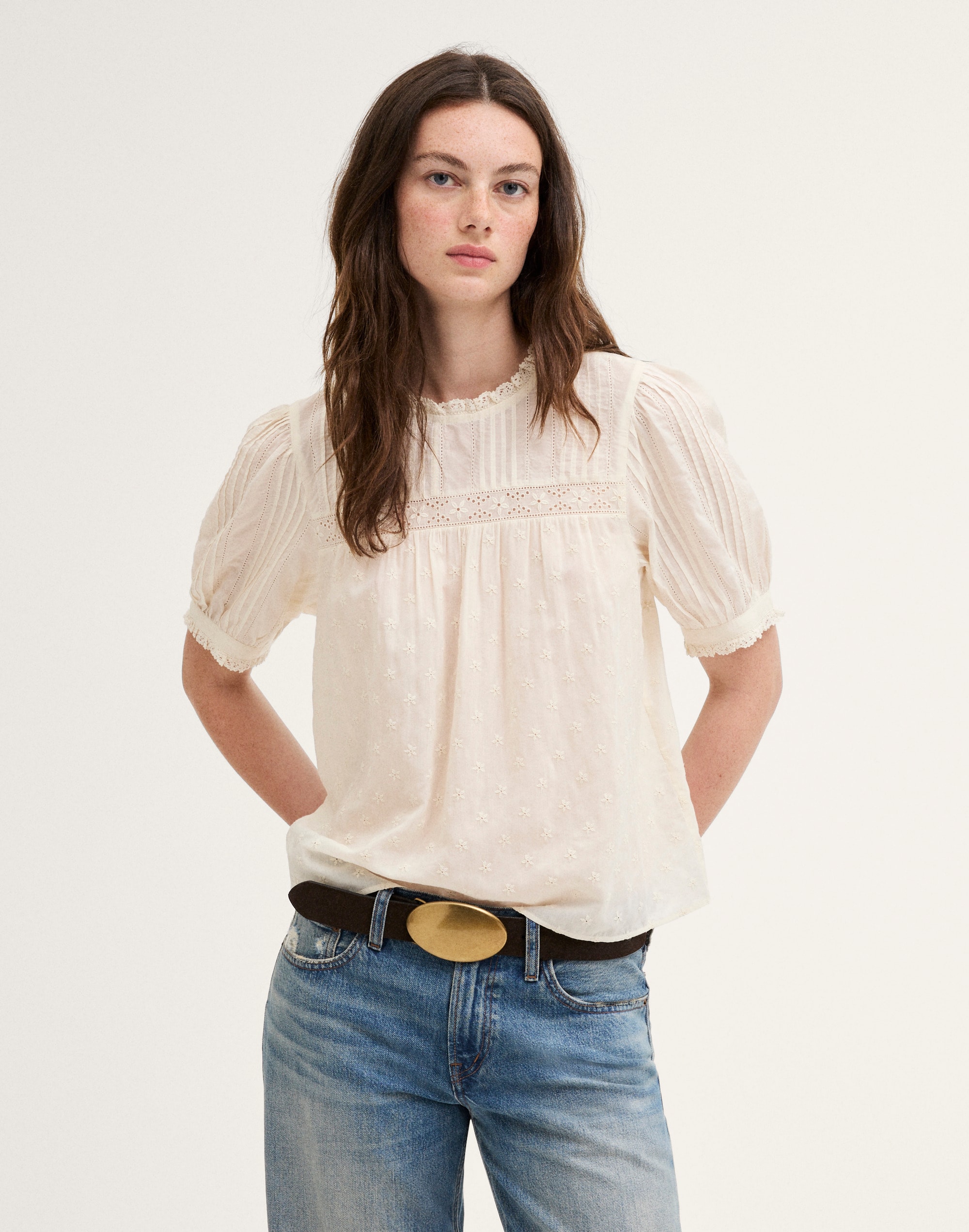 Embroidered Pintuck Crewneck Top