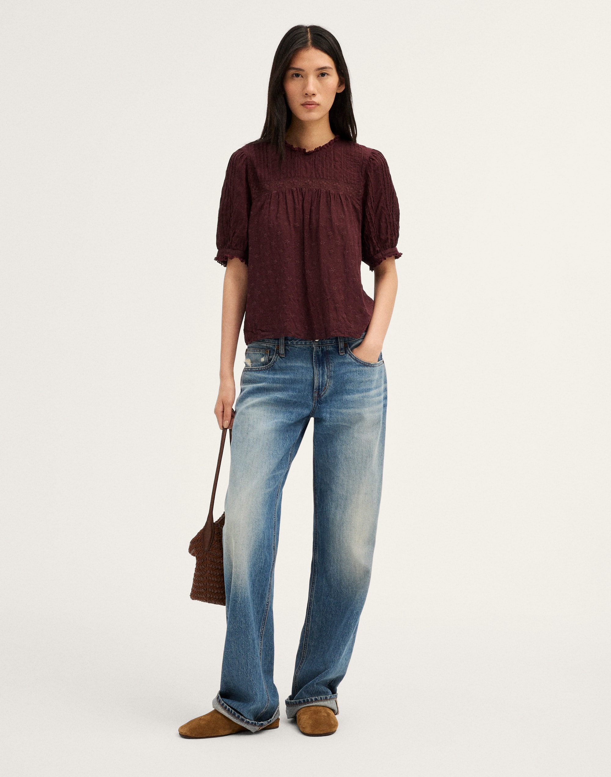 Embroidered Pintuck Crewneck Top