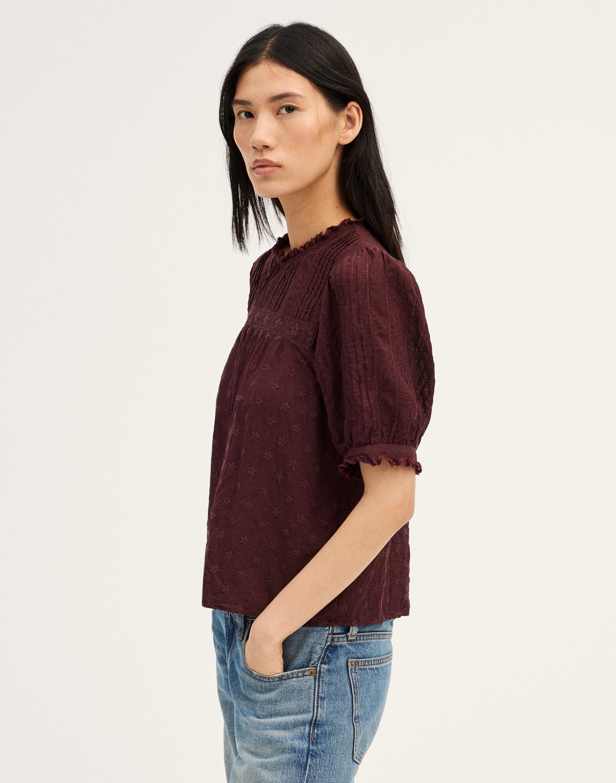 Embroidered Pintuck Crewneck Top