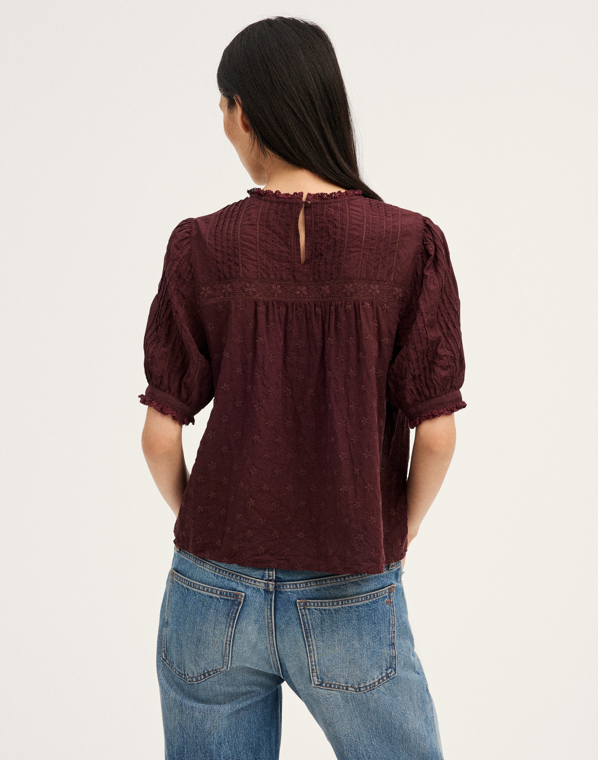 Embroidered Pintuck Crewneck Top