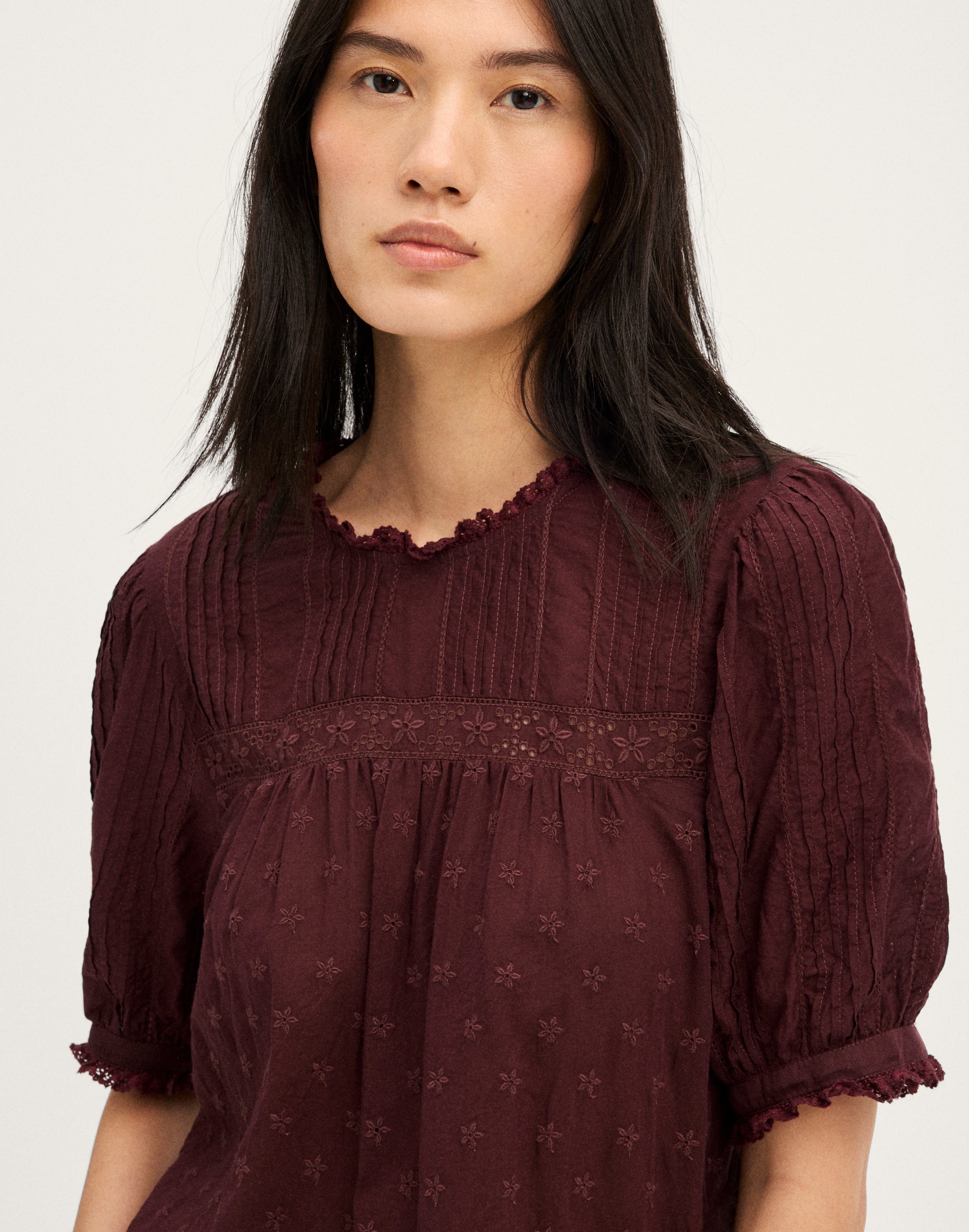 Embroidered Pintuck Crewneck Top