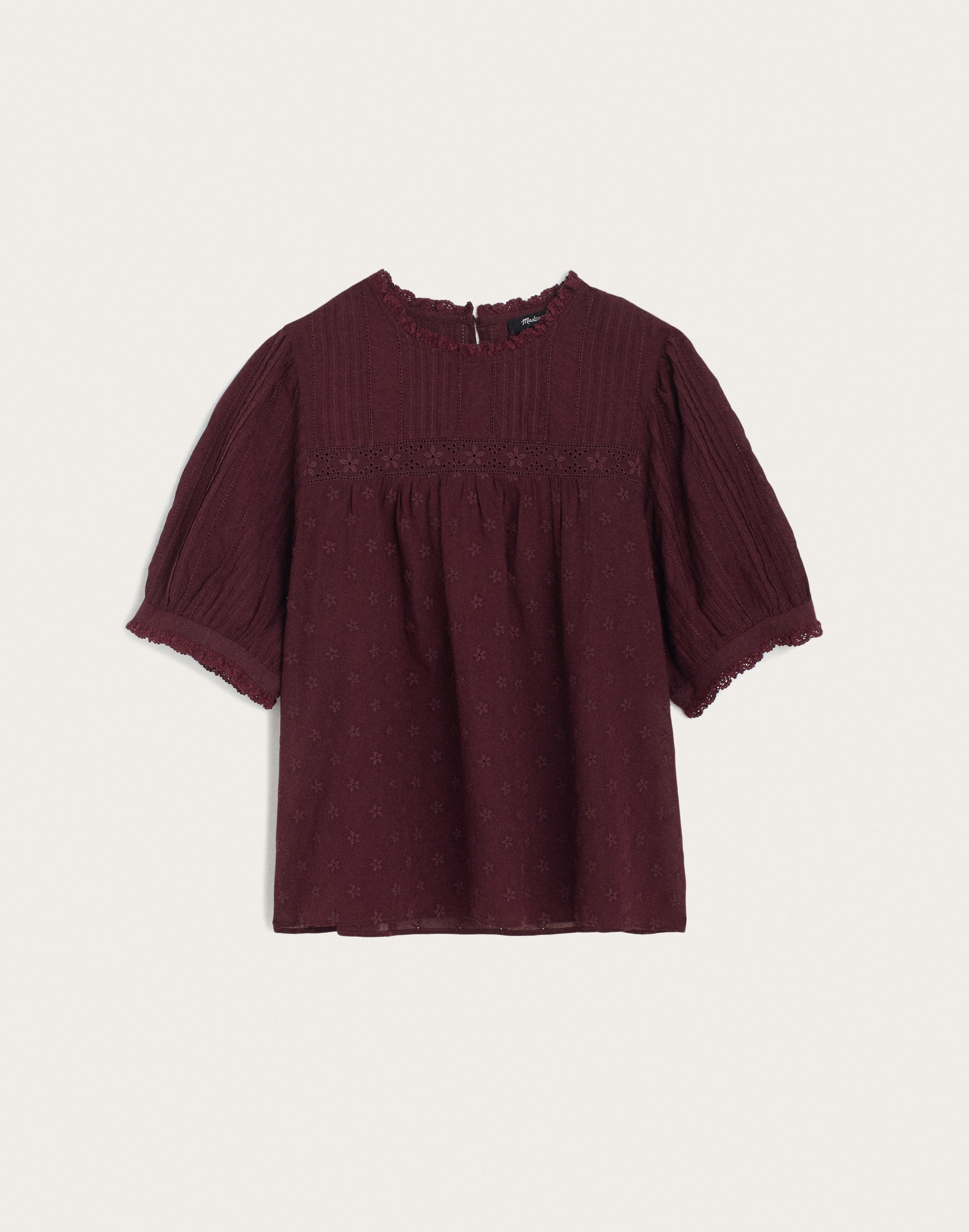 Embroidered Pintuck Crewneck Top