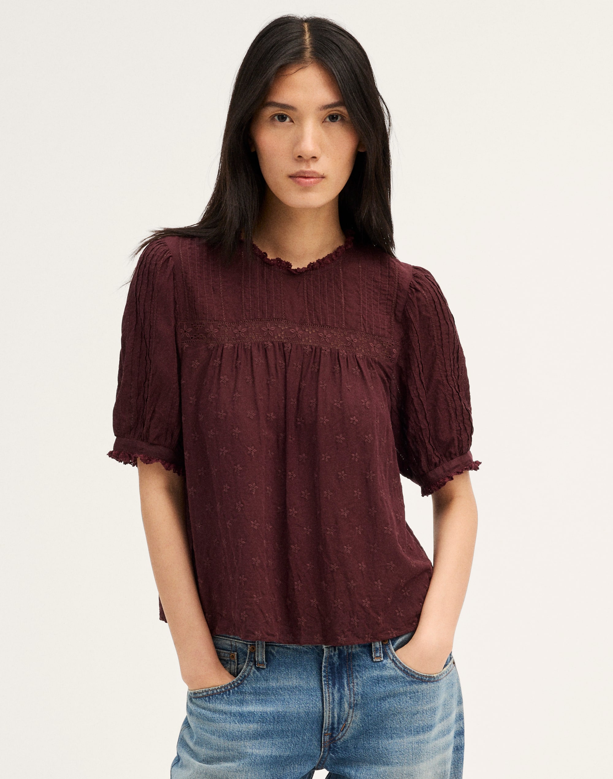 Embroidered Pintuck Crewneck Top