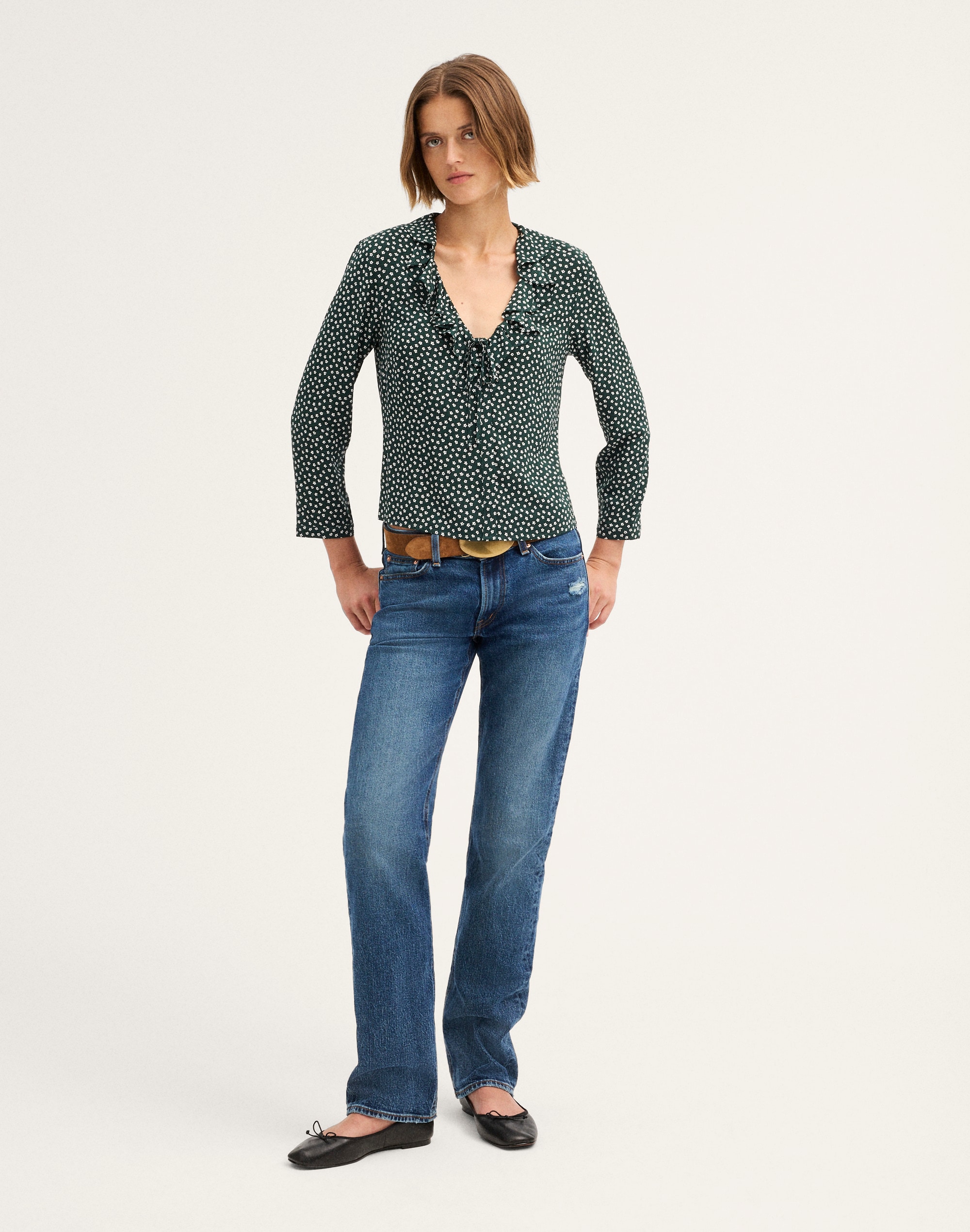 Ruffled V-Neck Long-Sleeve Top