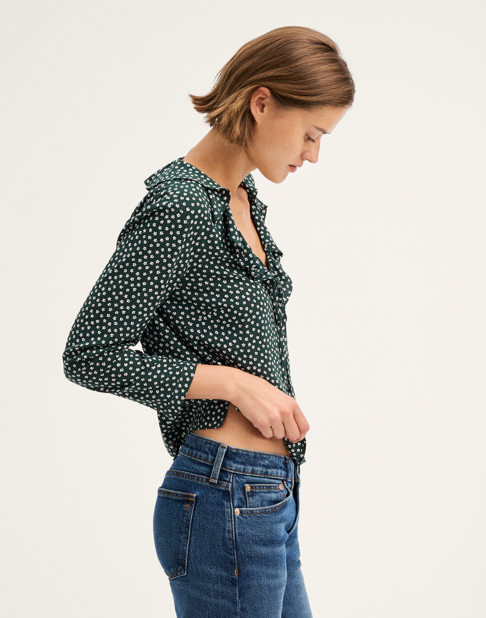 Ruffled V-Neck Long-Sleeve Top