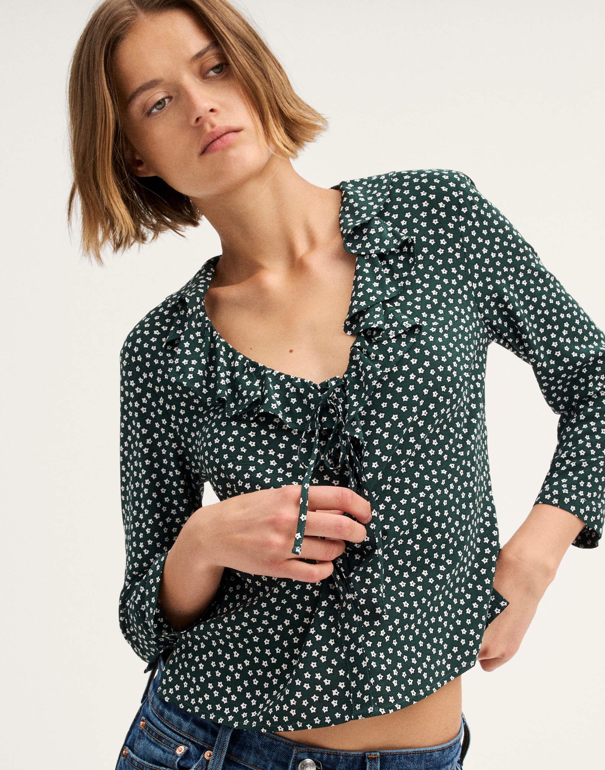 Ruffled V-Neck Long-Sleeve Top