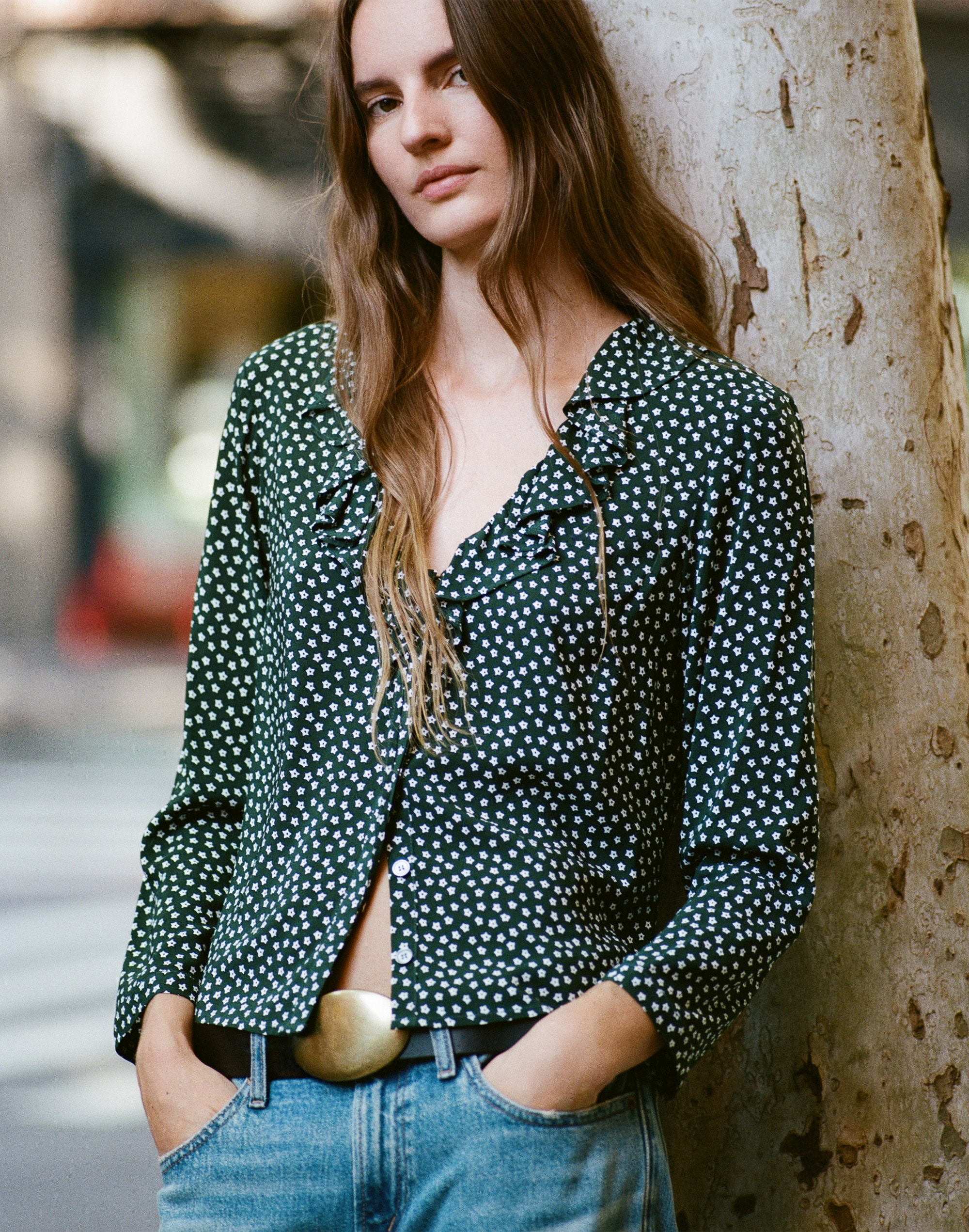 Ruffled V-Neck Long-Sleeve Top