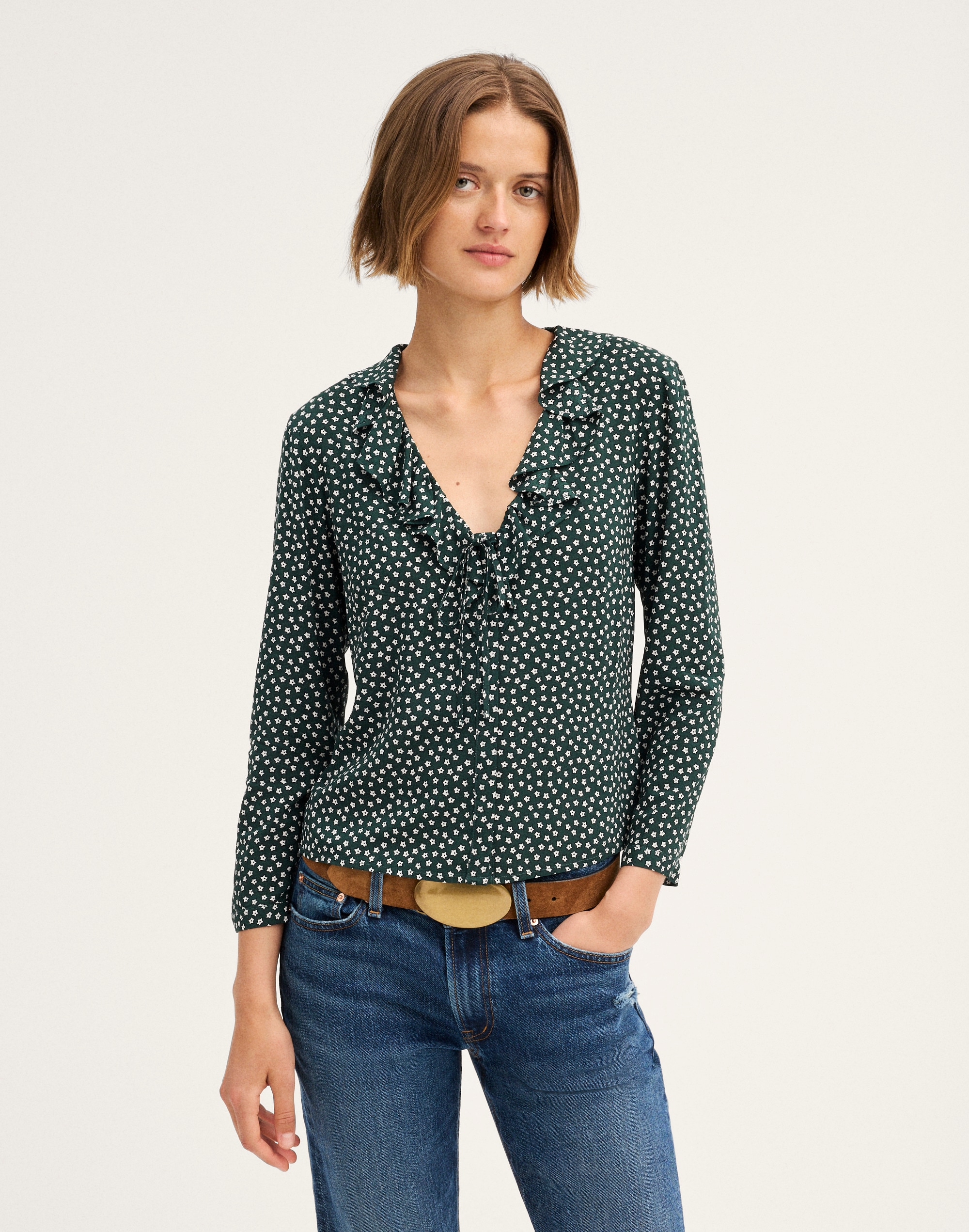 Ruffled V-Neck Long-Sleeve Top