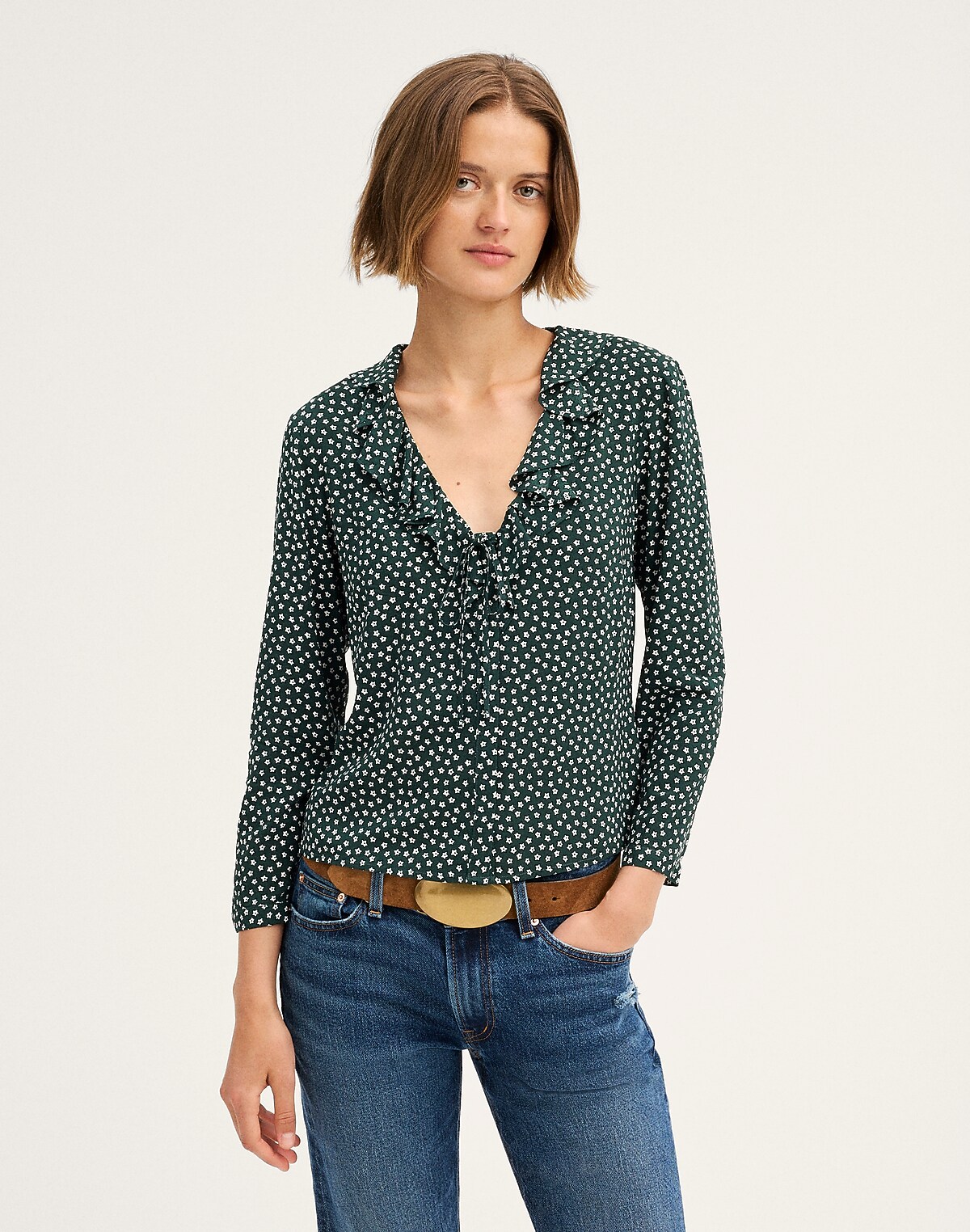 Ruffled V-Neck Long-Sleeve Top