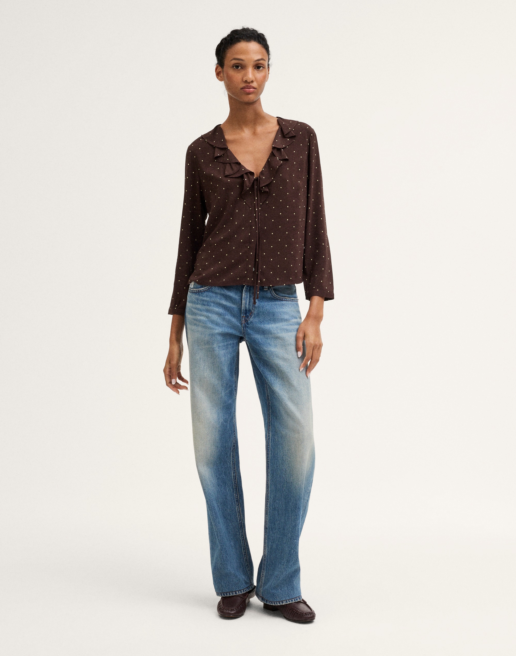 Ruffled V-Neck Long-Sleeve Top