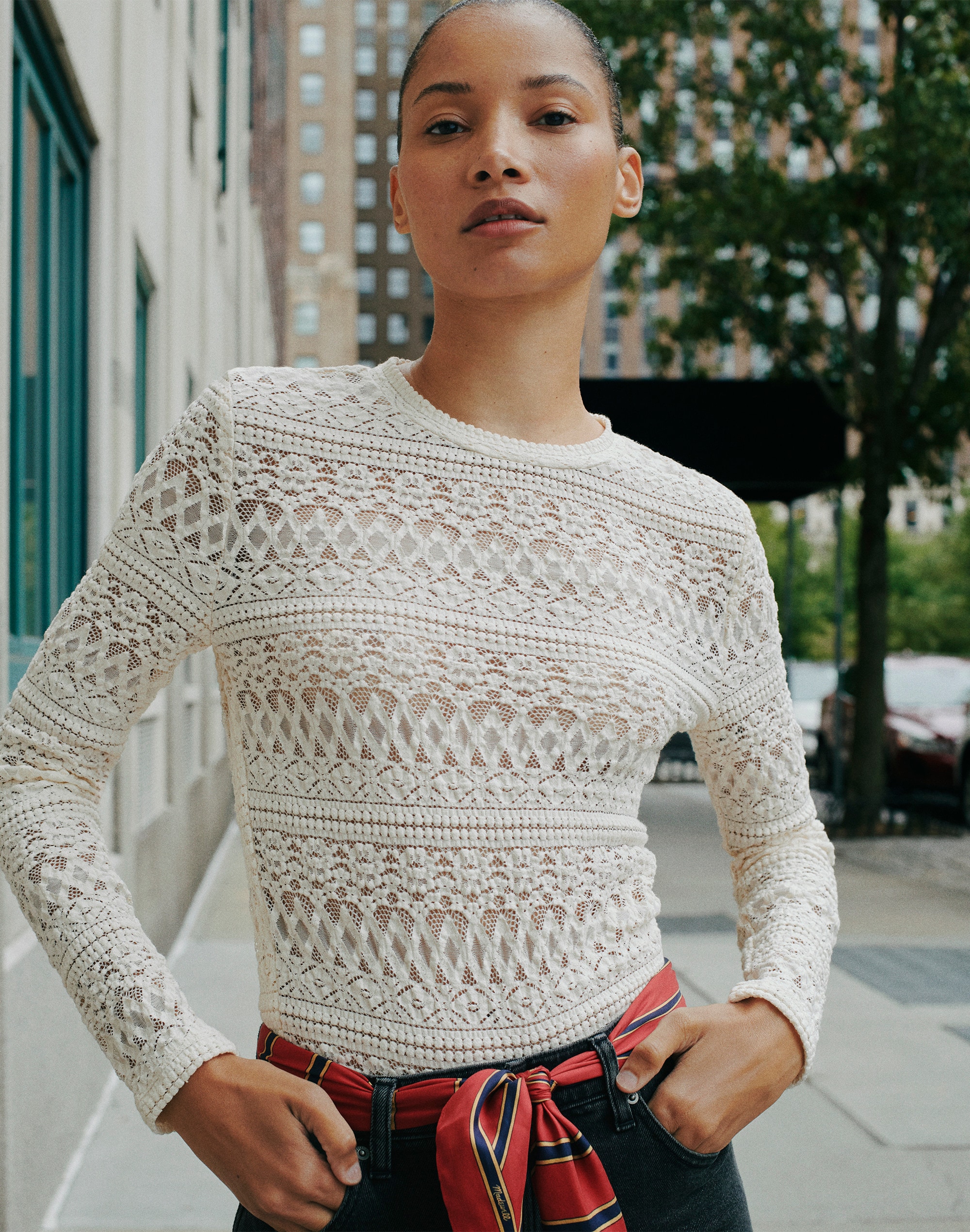 Jacquard-Lace Long-Sleeve Top