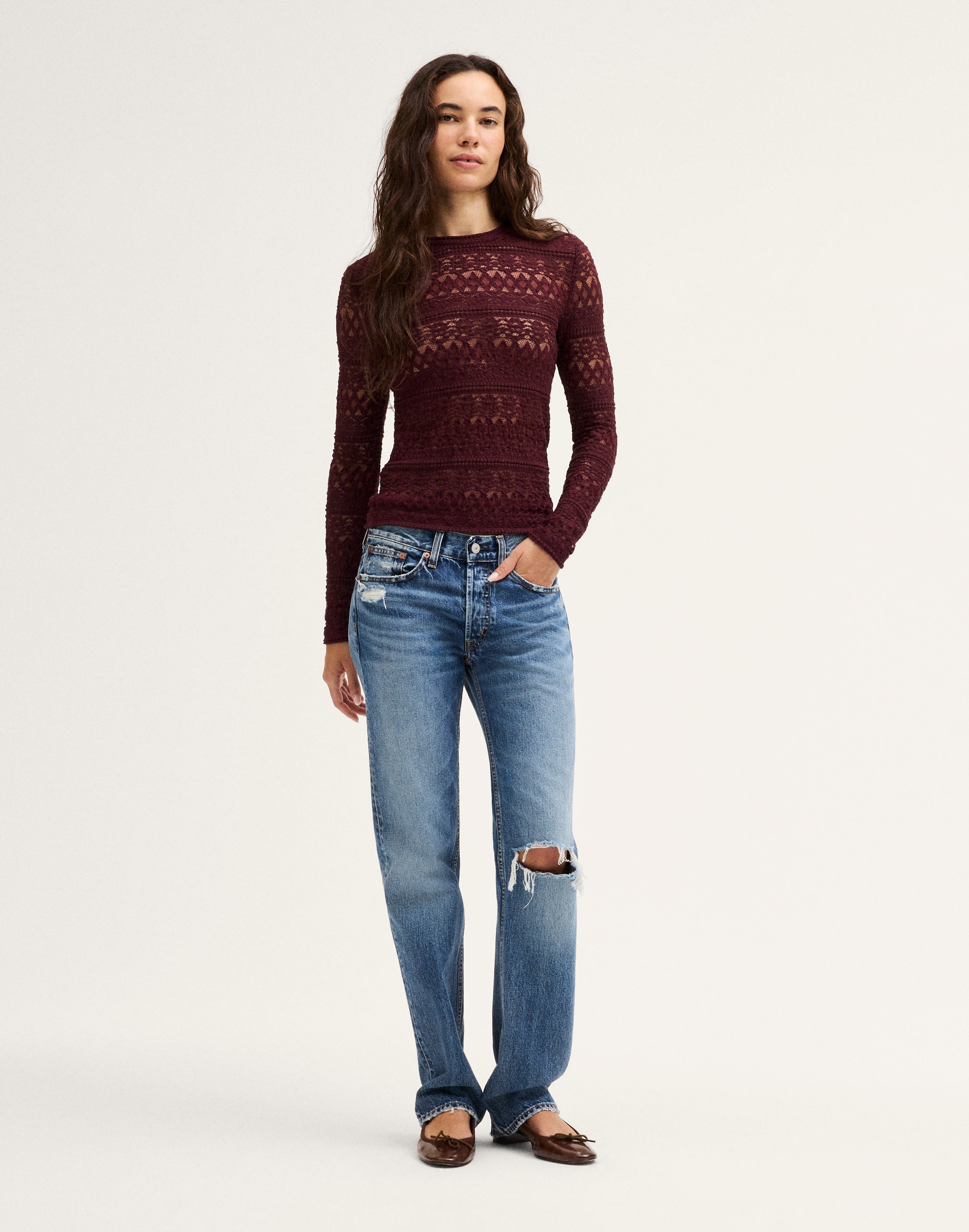 Jacquard-Lace Long-Sleeve Top