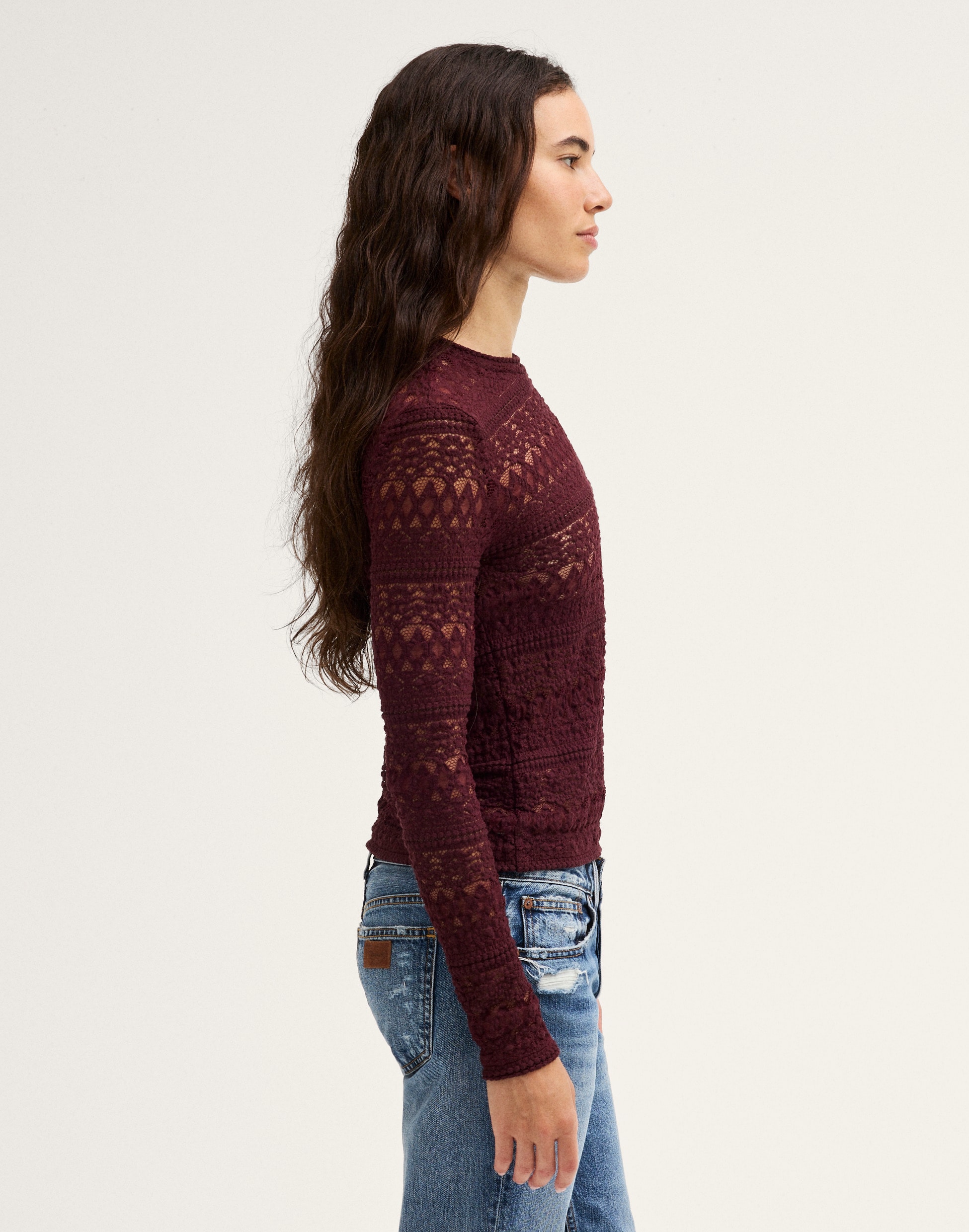 Jacquard-Lace Long-Sleeve Top