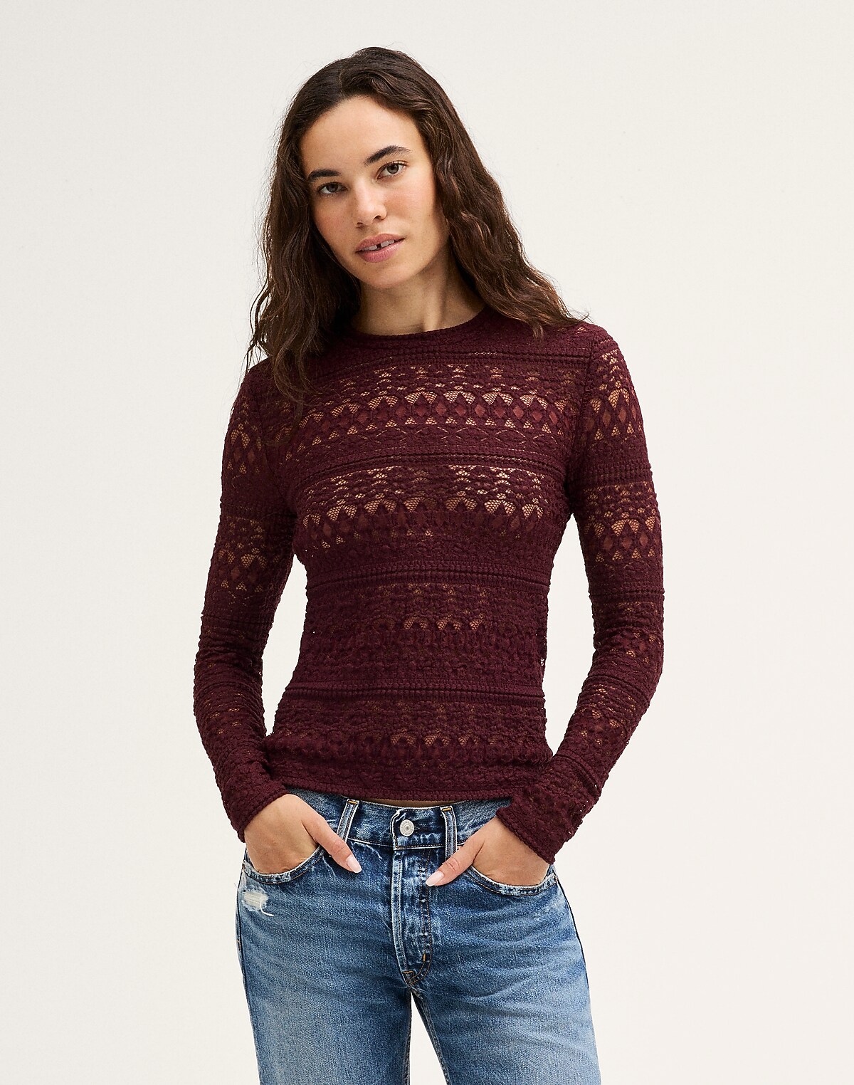 Jacquard-Lace Long-Sleeve Top