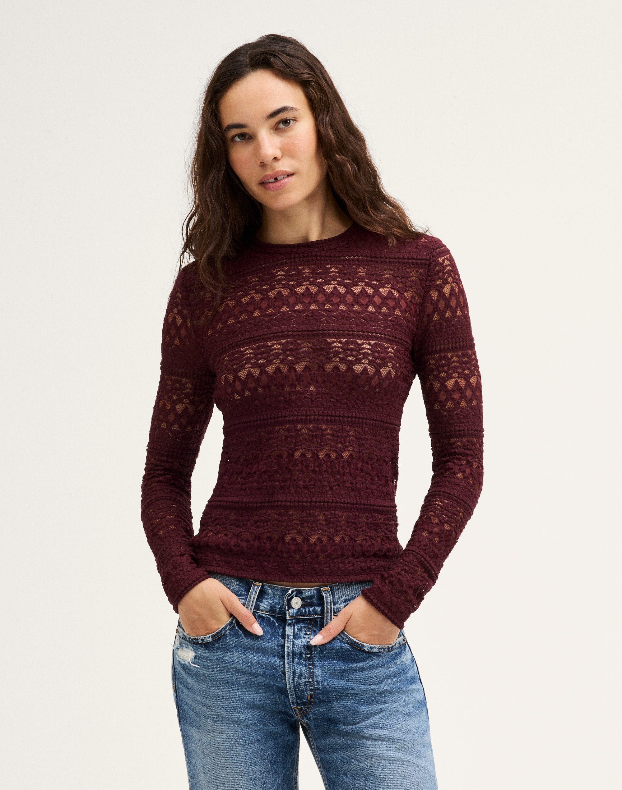 jacquard-lace long-sleeve top
