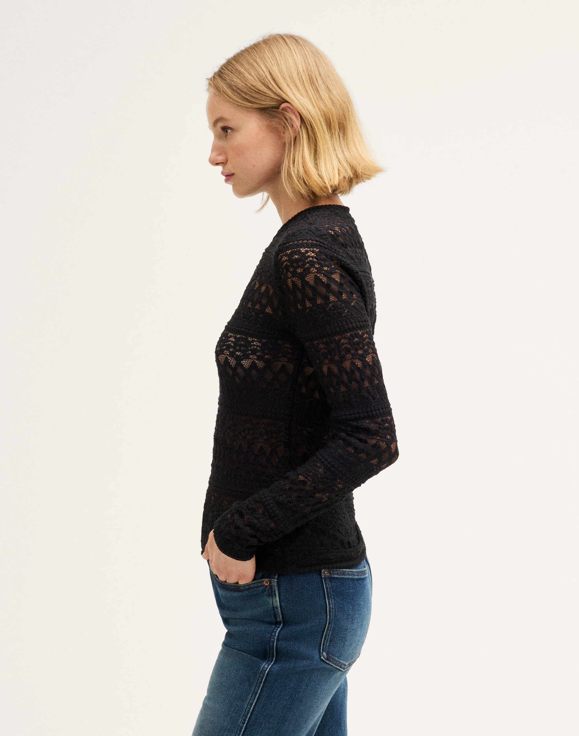 Jacquard-Lace Long-Sleeve Top