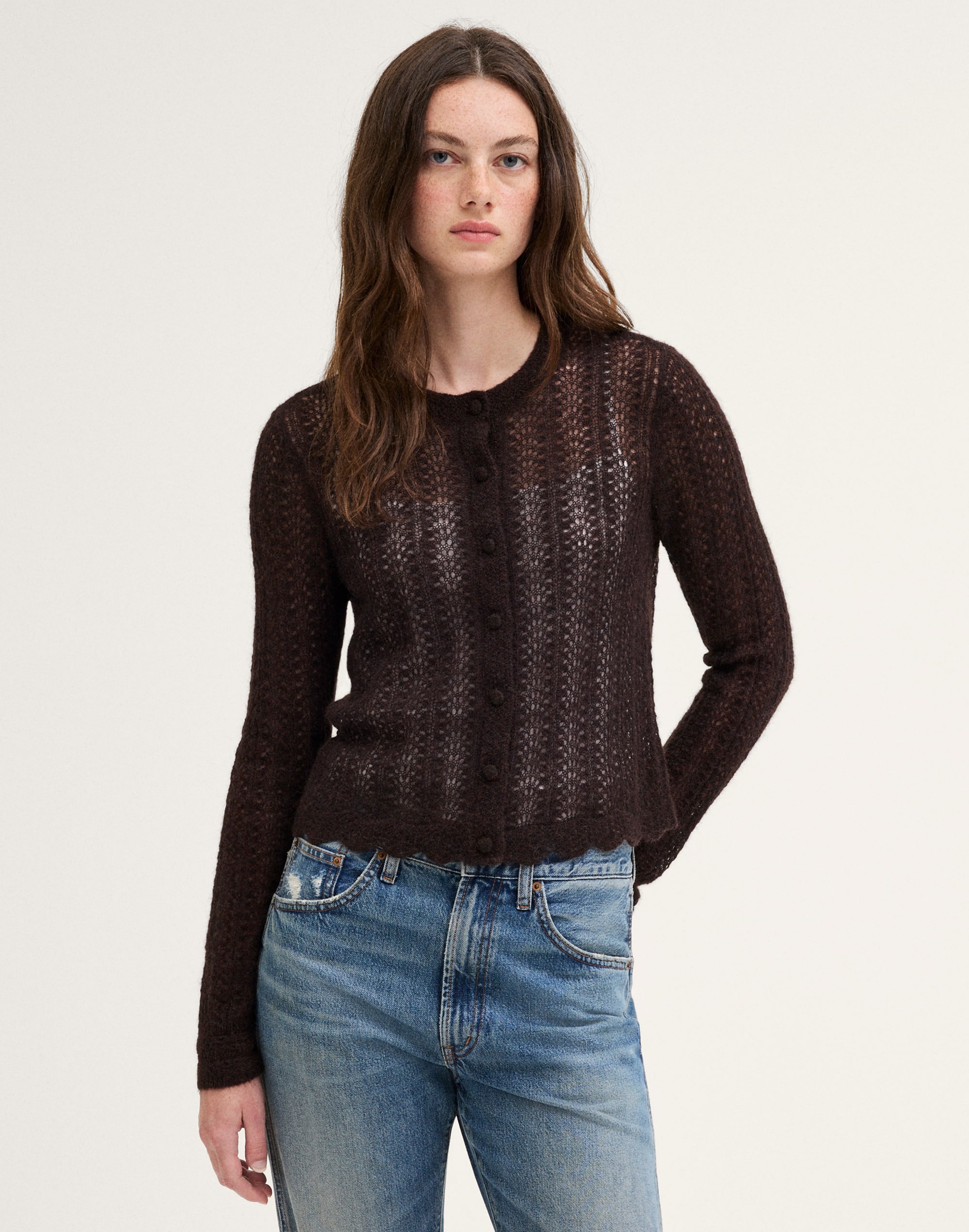 Pointelle-Stitch Cardigan in Alpaca Blend