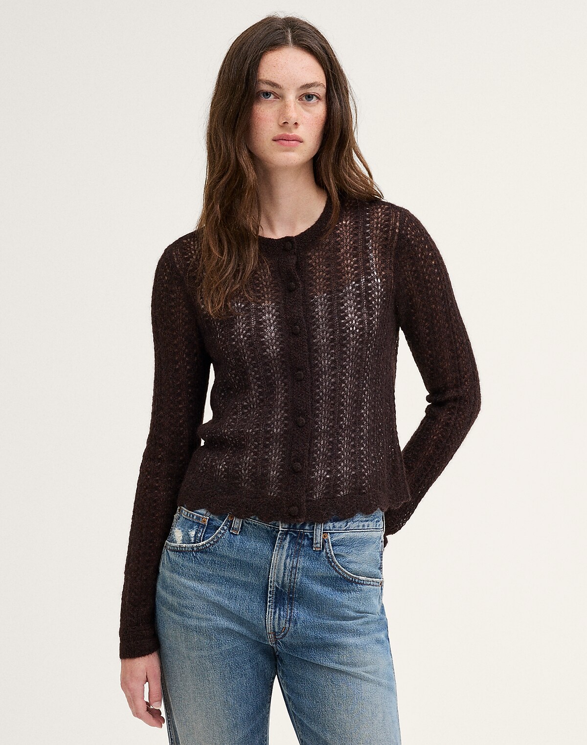 Pointelle-Stitch Cardigan in Alpaca Blend