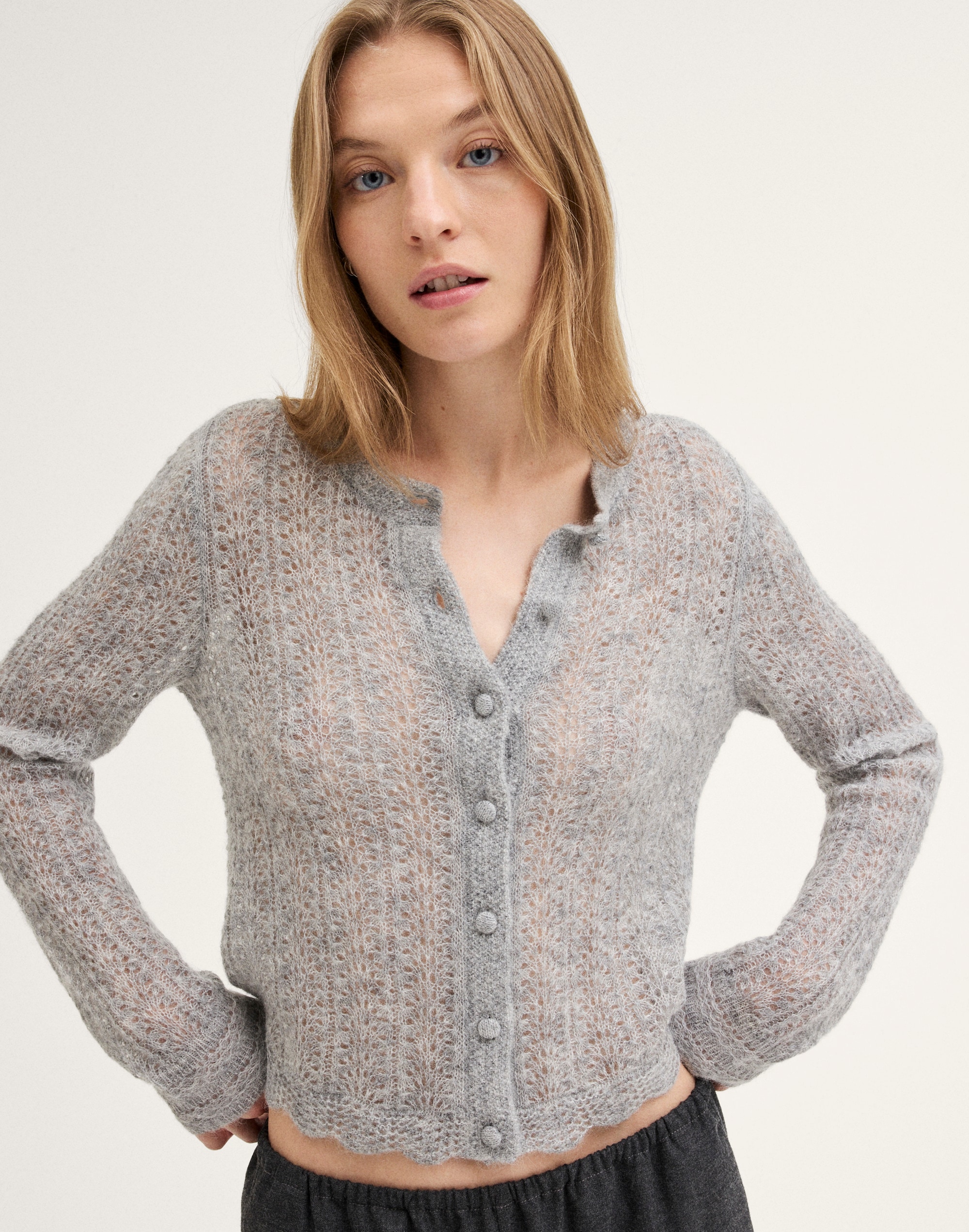 Pointelle-Stitch Cardigan in Alpaca Blend