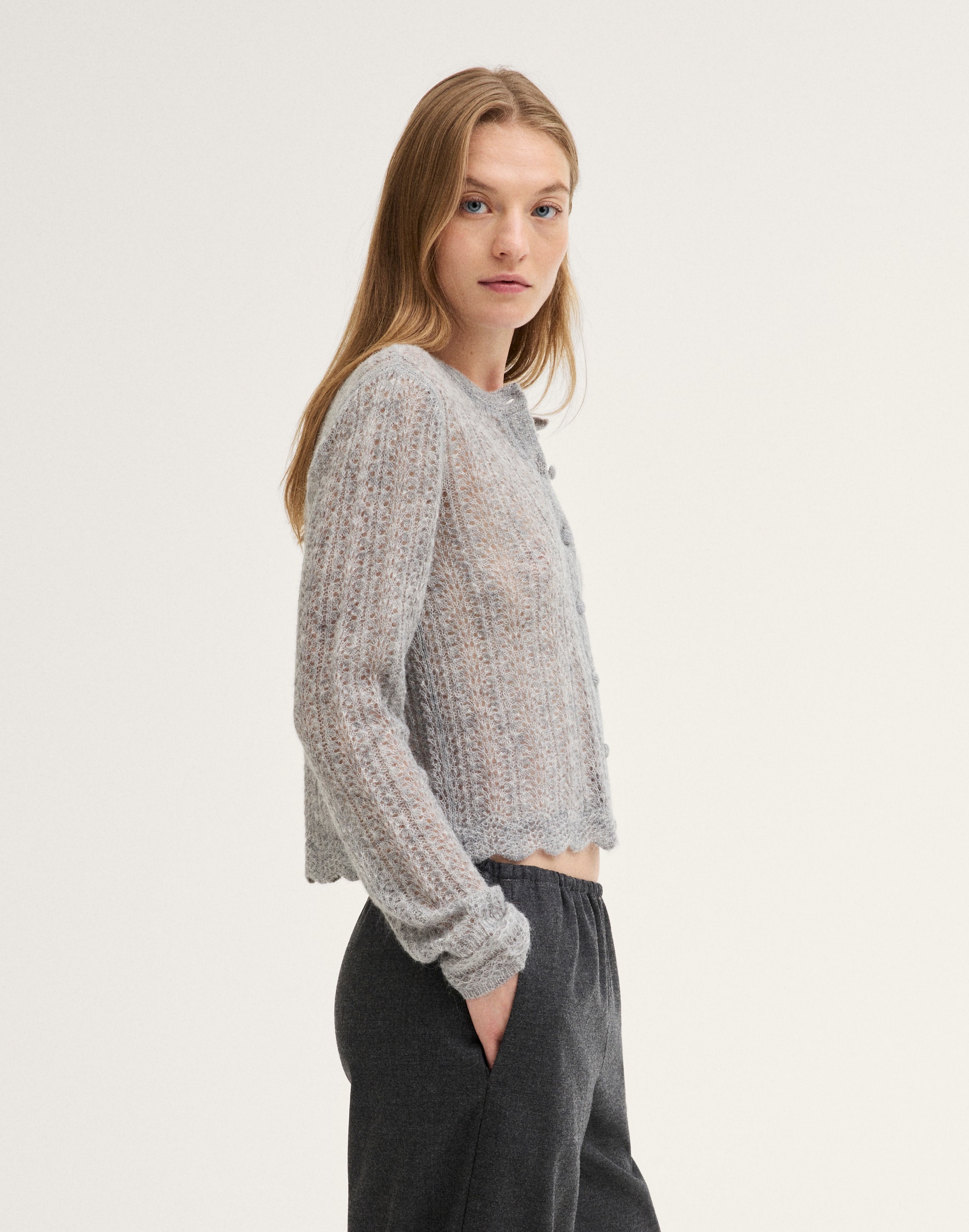 Pointelle-Stitch Cardigan in Alpaca Blend