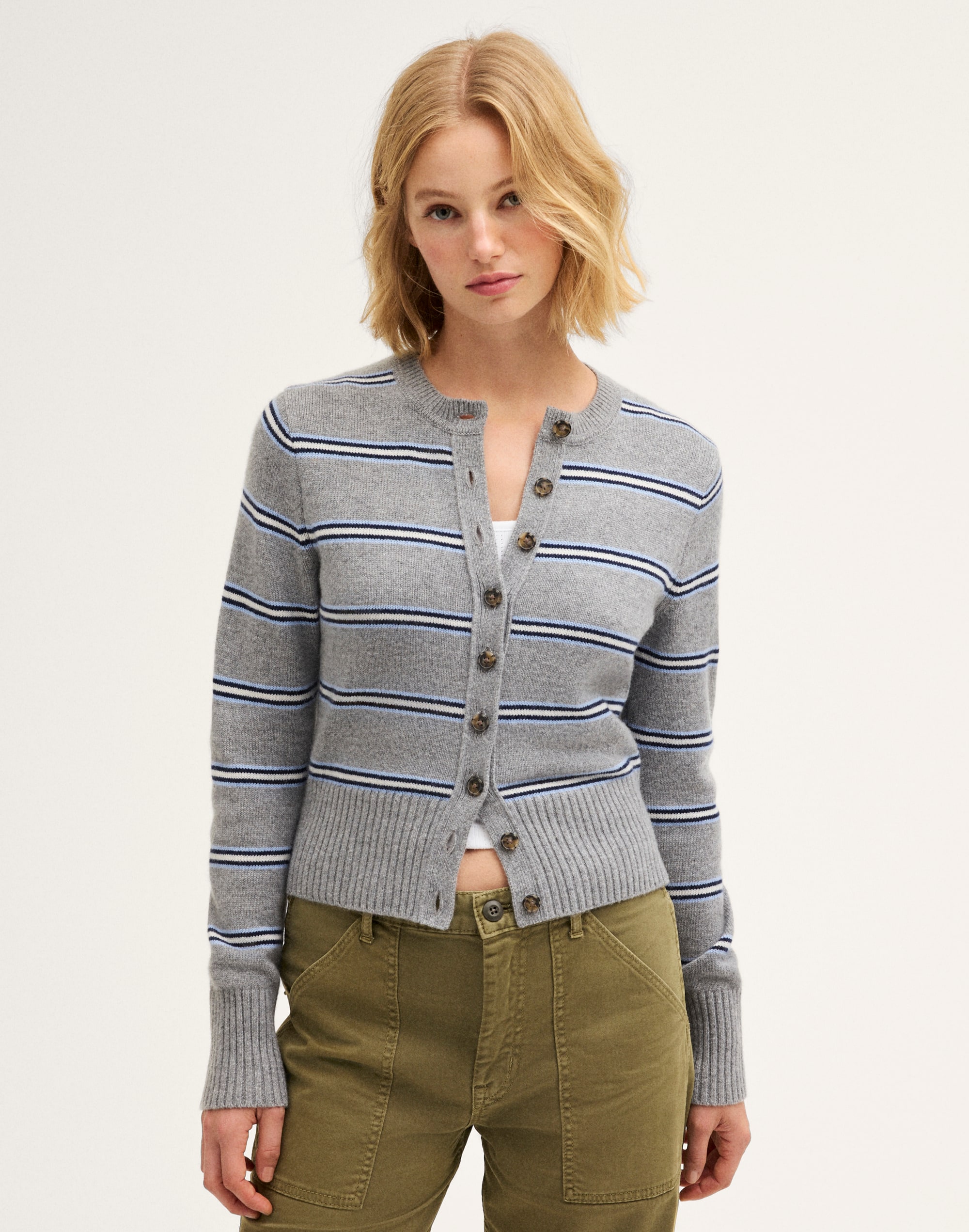 Madewell Crewneck Cardigan In Light Hthr Grey Multi Stripe