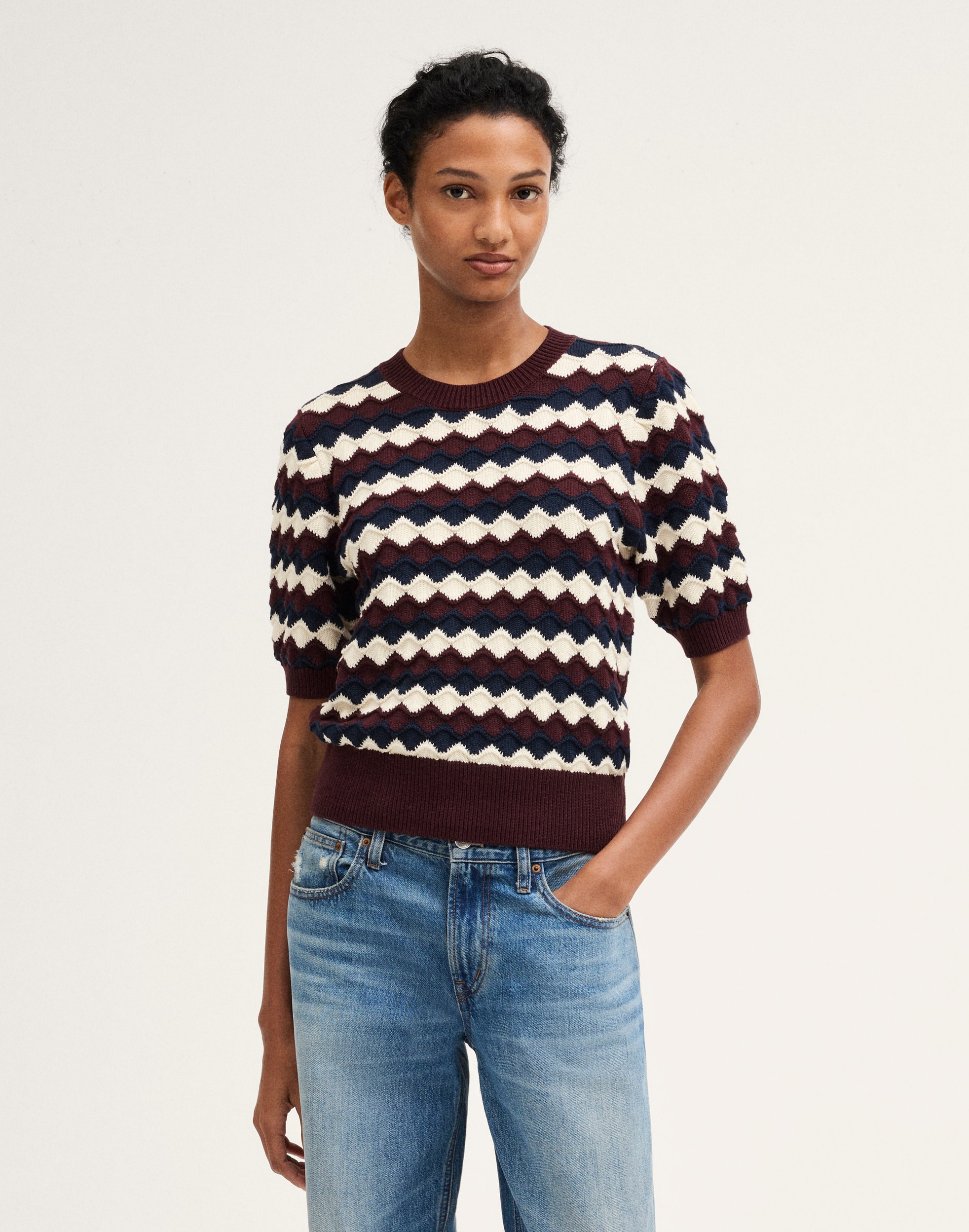Puff-Sleeve Crewneck Sweater in 100% Cotton