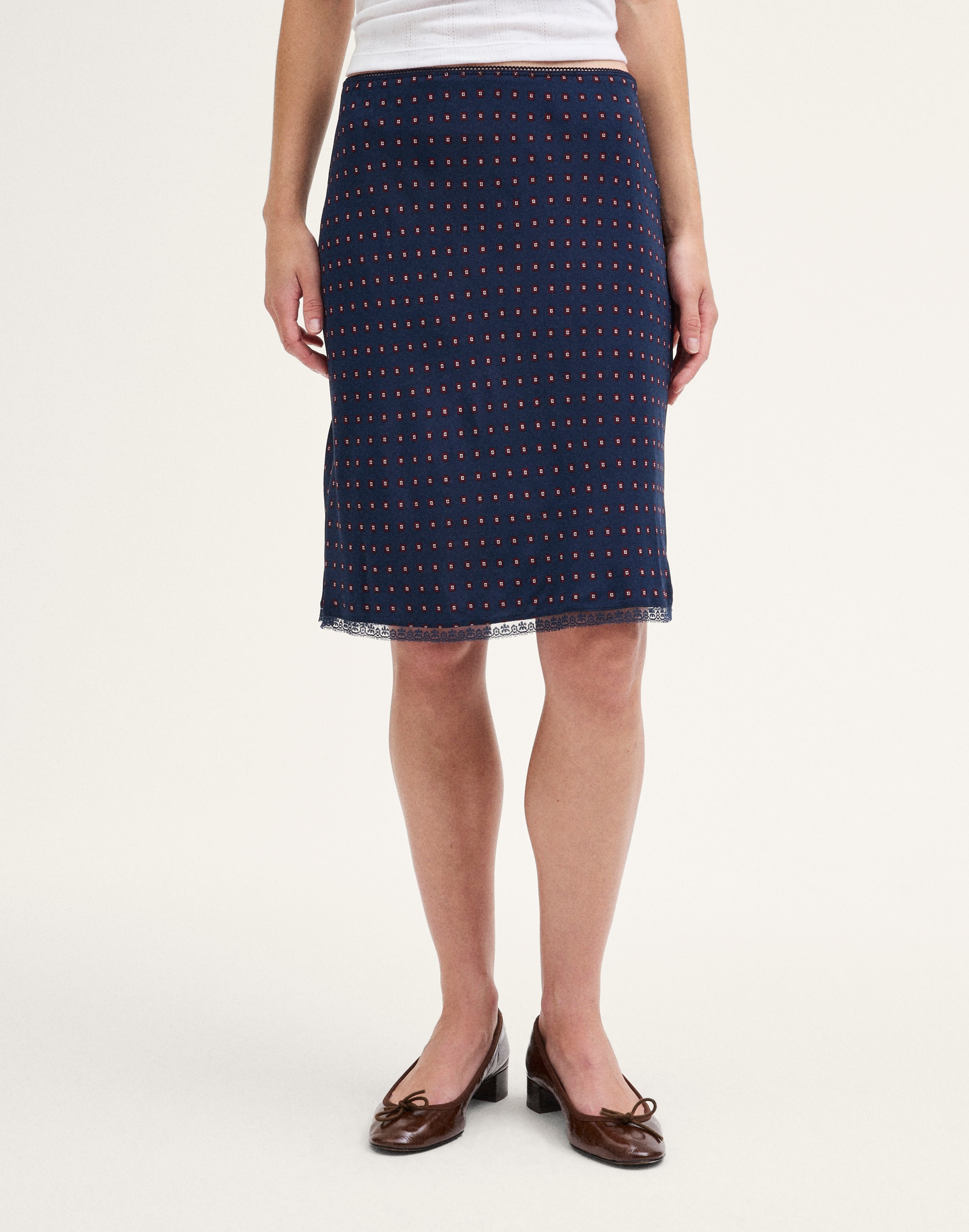 Lace-Insert Midi Slip Skirt
