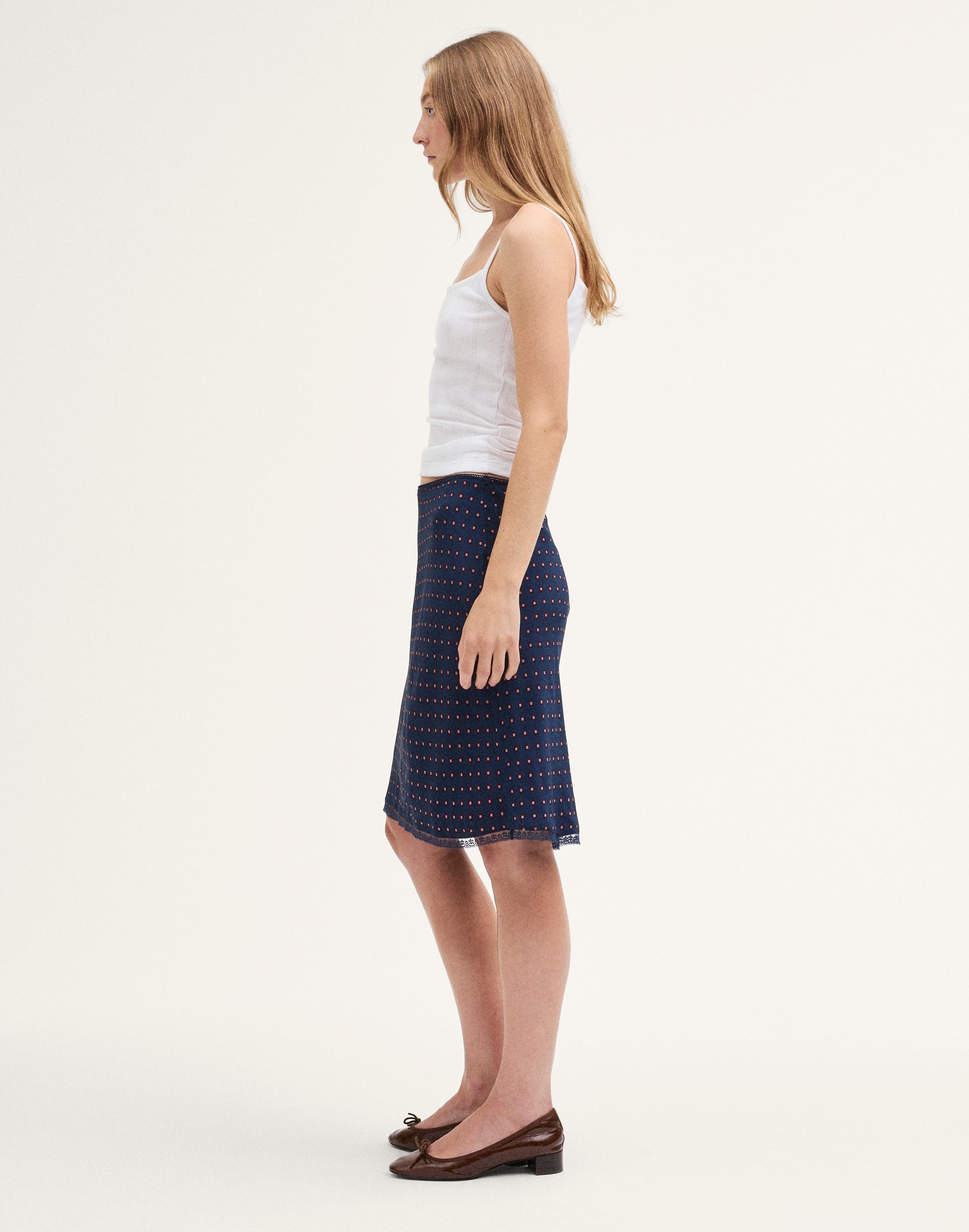 Lace-Insert Midi Slip Skirt