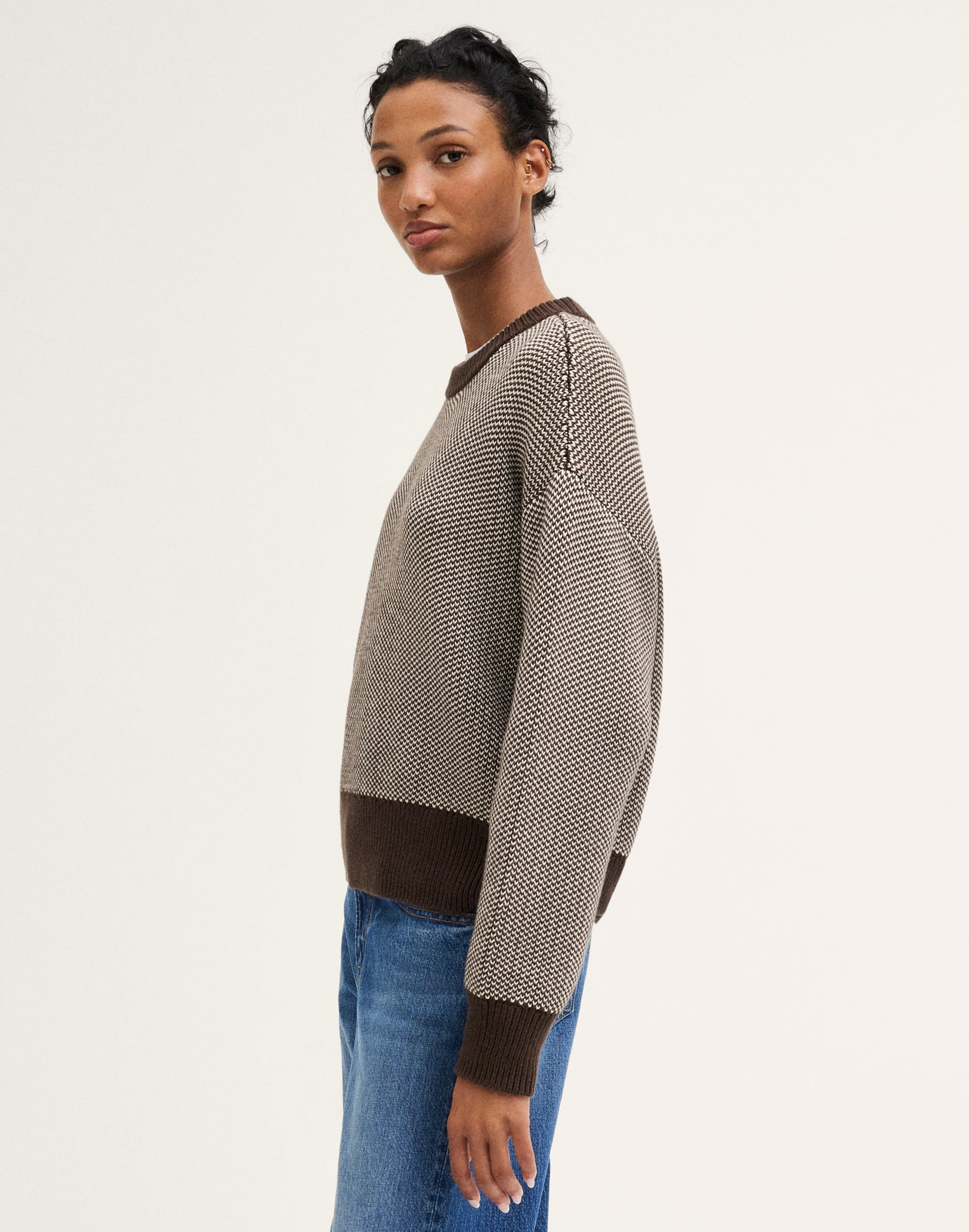 Textured-Stitch Crewneck Sweater in 100% Cotton