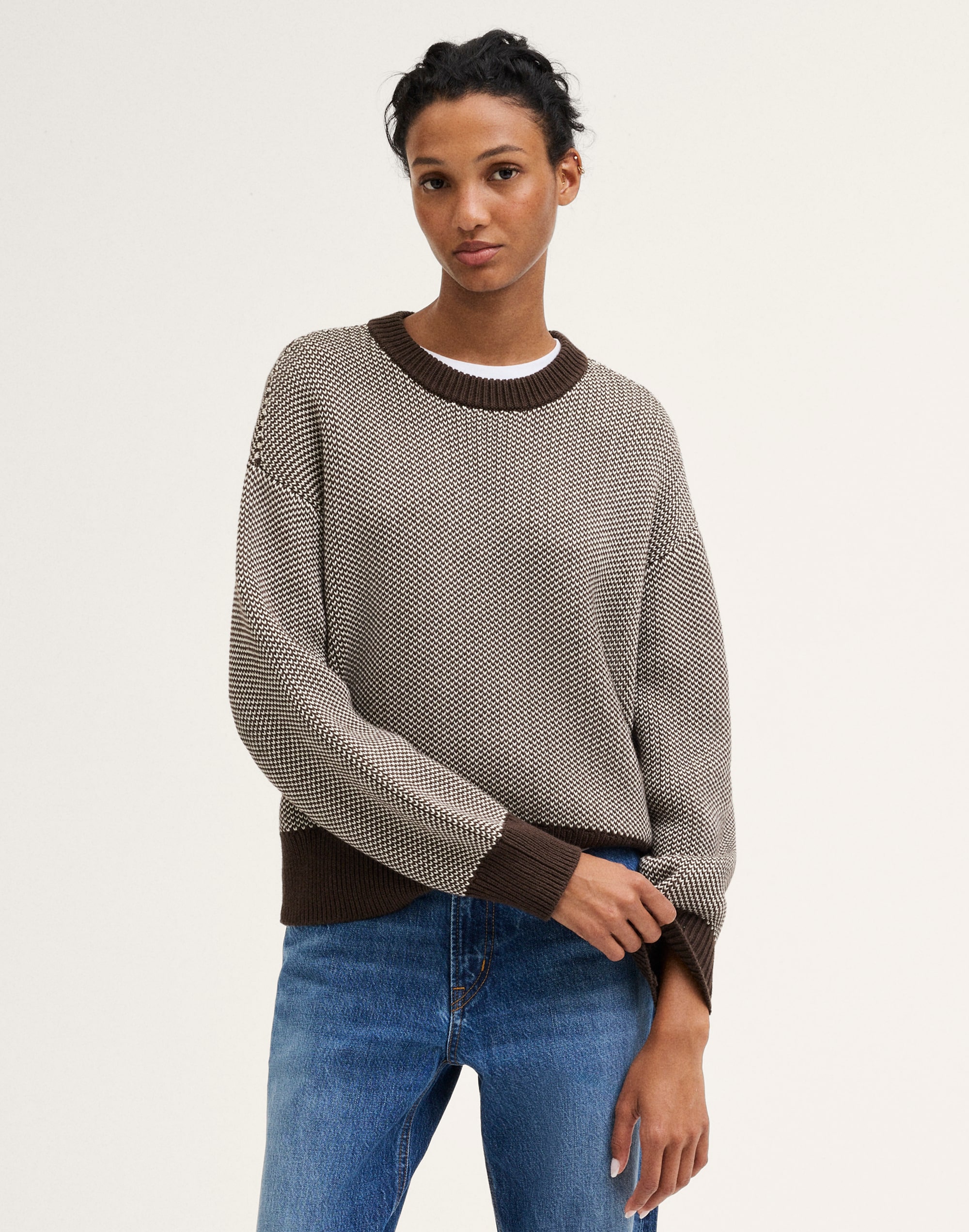 Textured-Stitch Crewneck Sweater in 100% Cotton