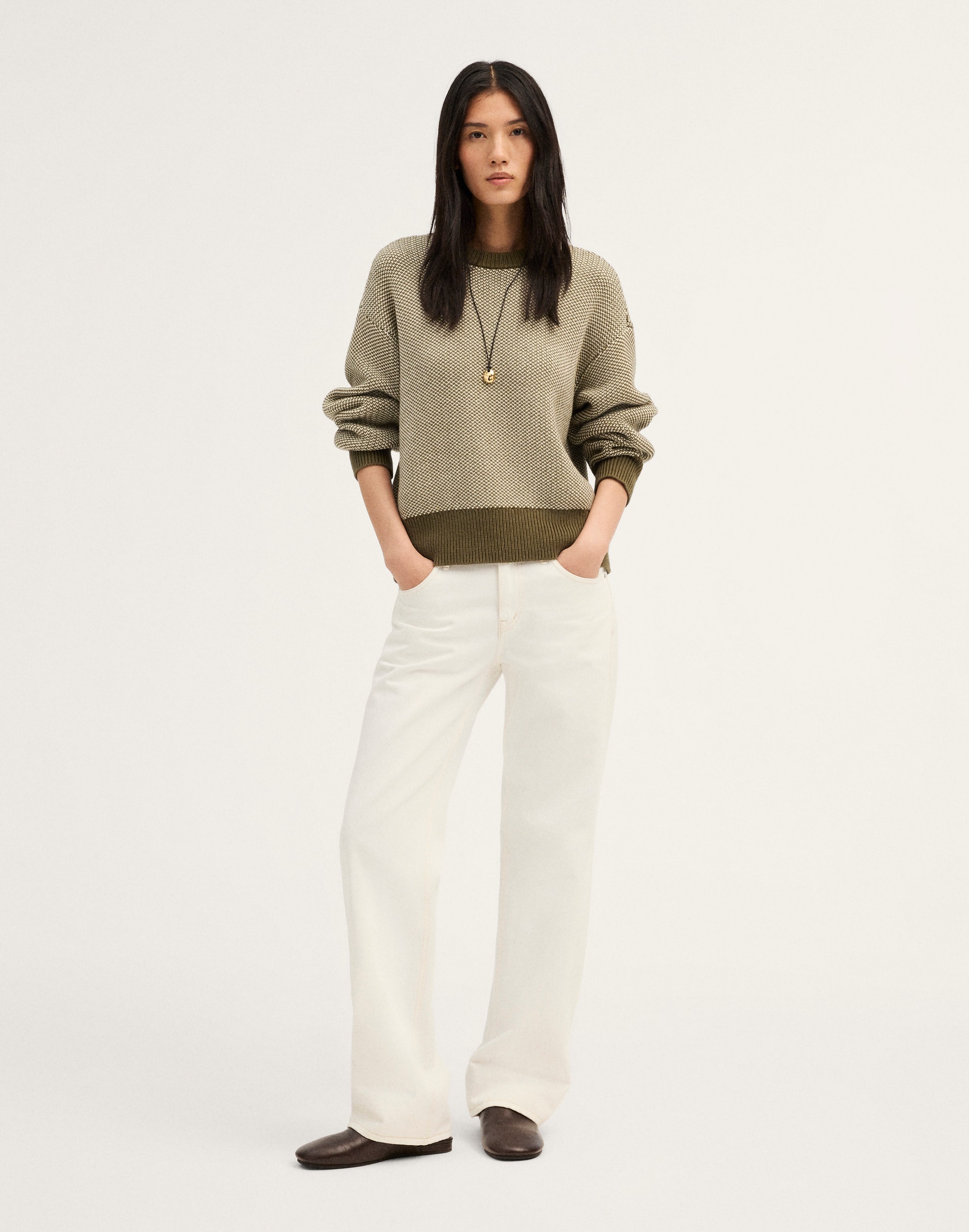 Textured-Stitch Crewneck Sweater in 100% Cotton