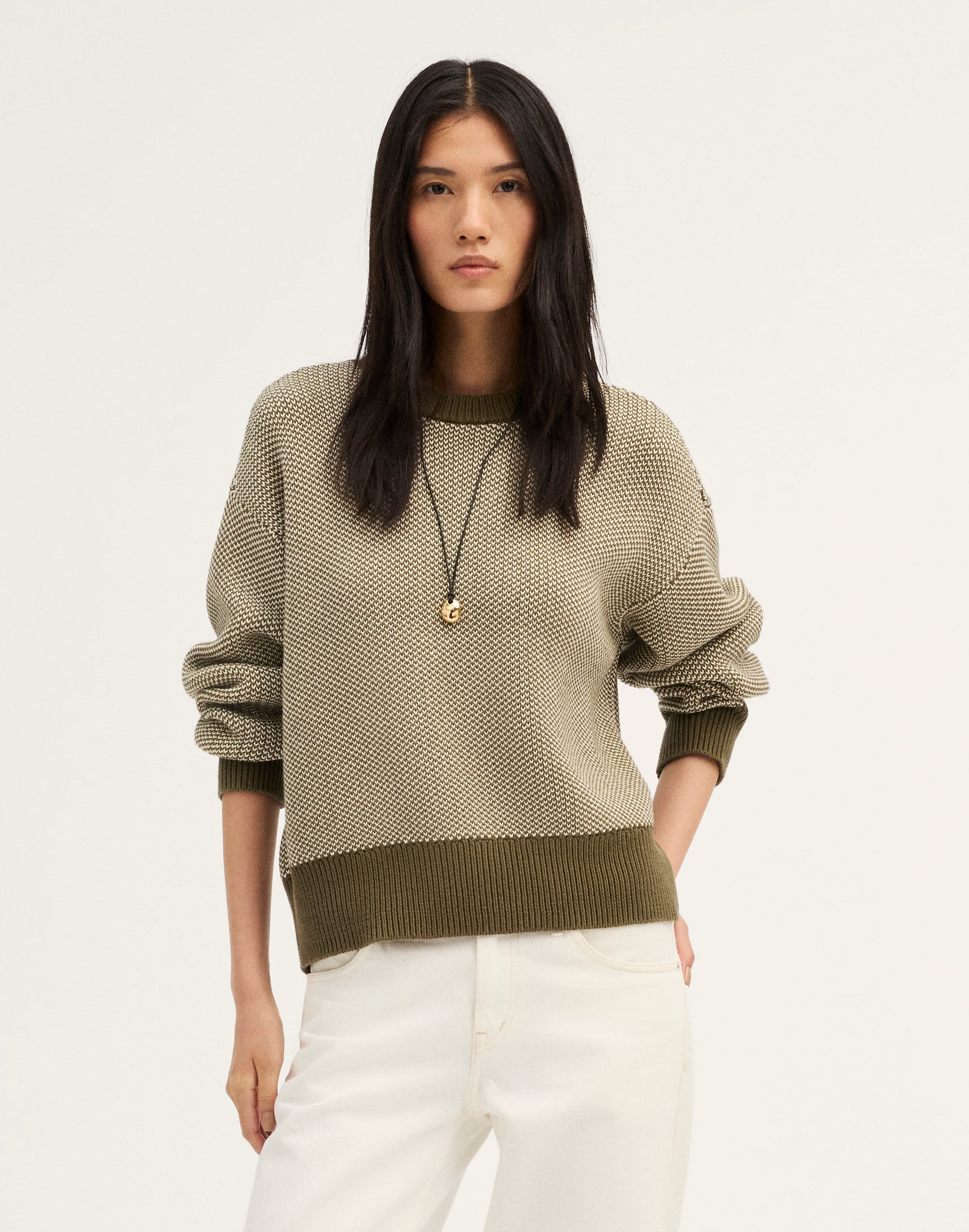 textured-stitch crewneck sweater in 100% cotton