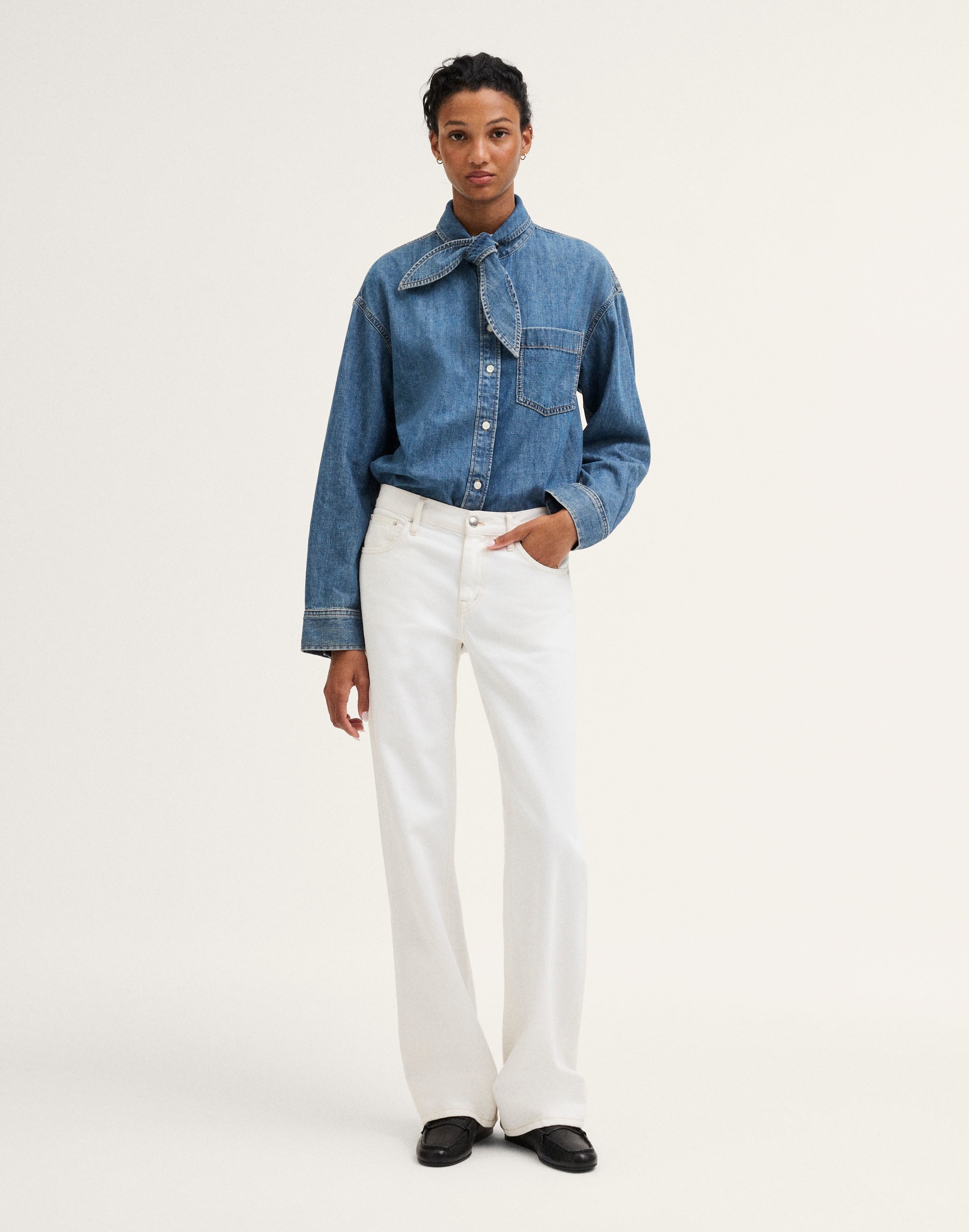 Denim Tie-Neck Oversized Shirt
