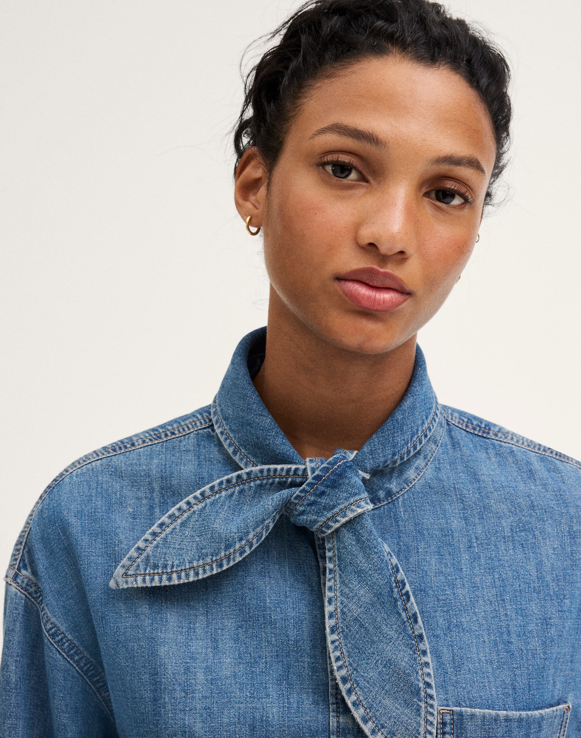 Denim Tie-Neck Oversized Shirt
