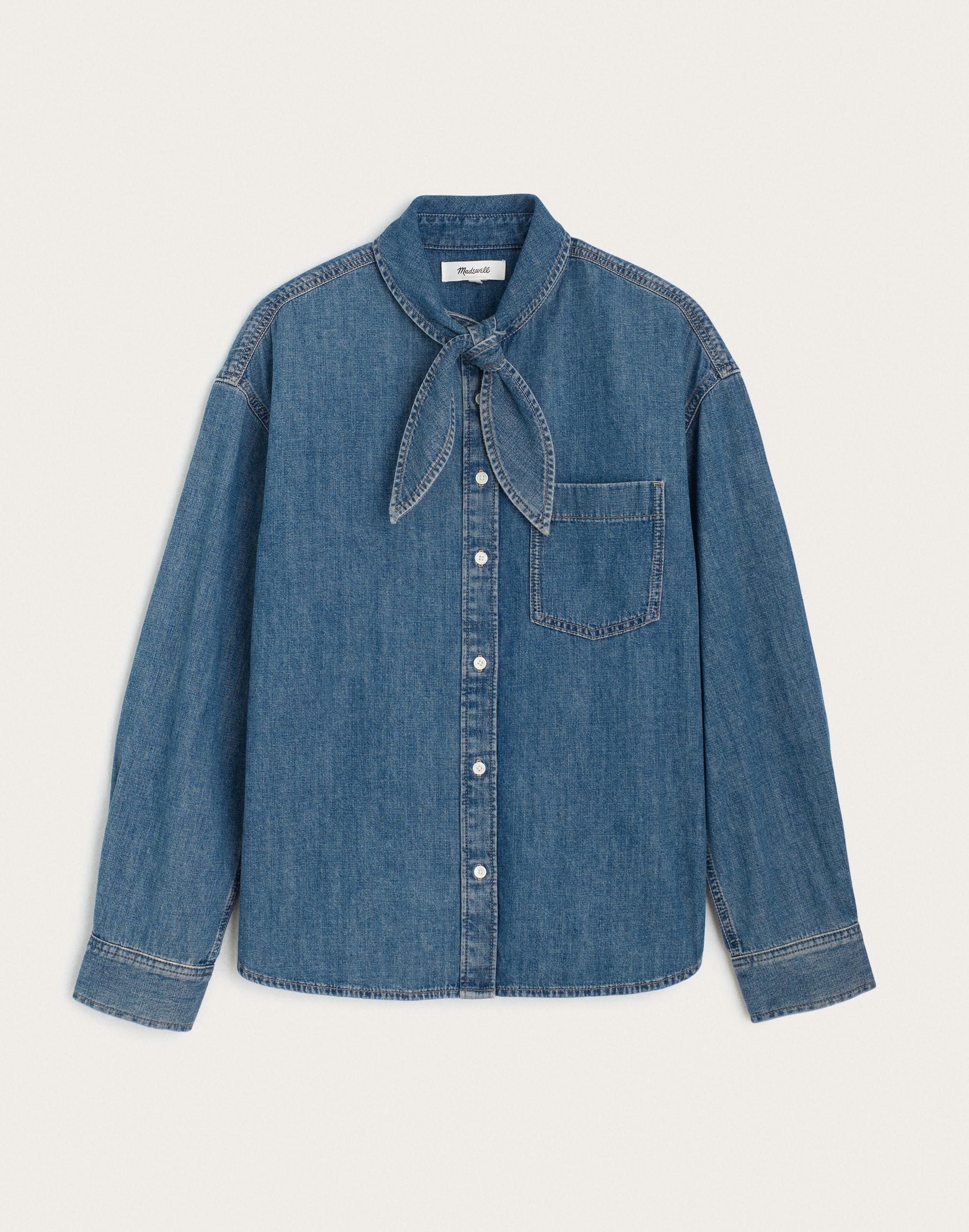 Denim Tie-Neck Oversized Shirt