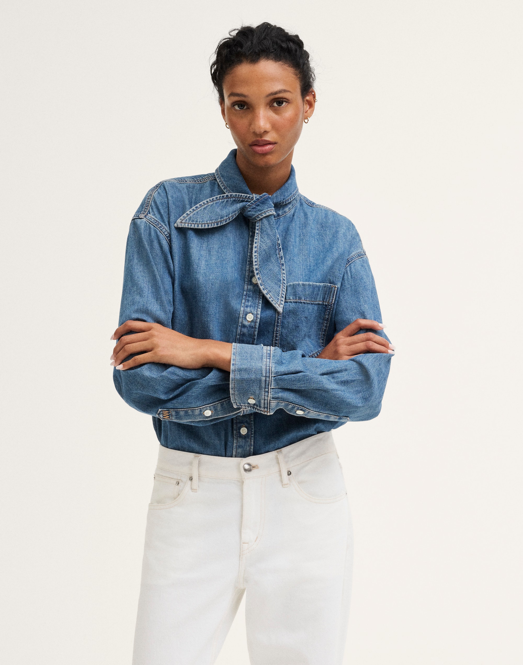 Denim Tie-Neck Oversized Shirt