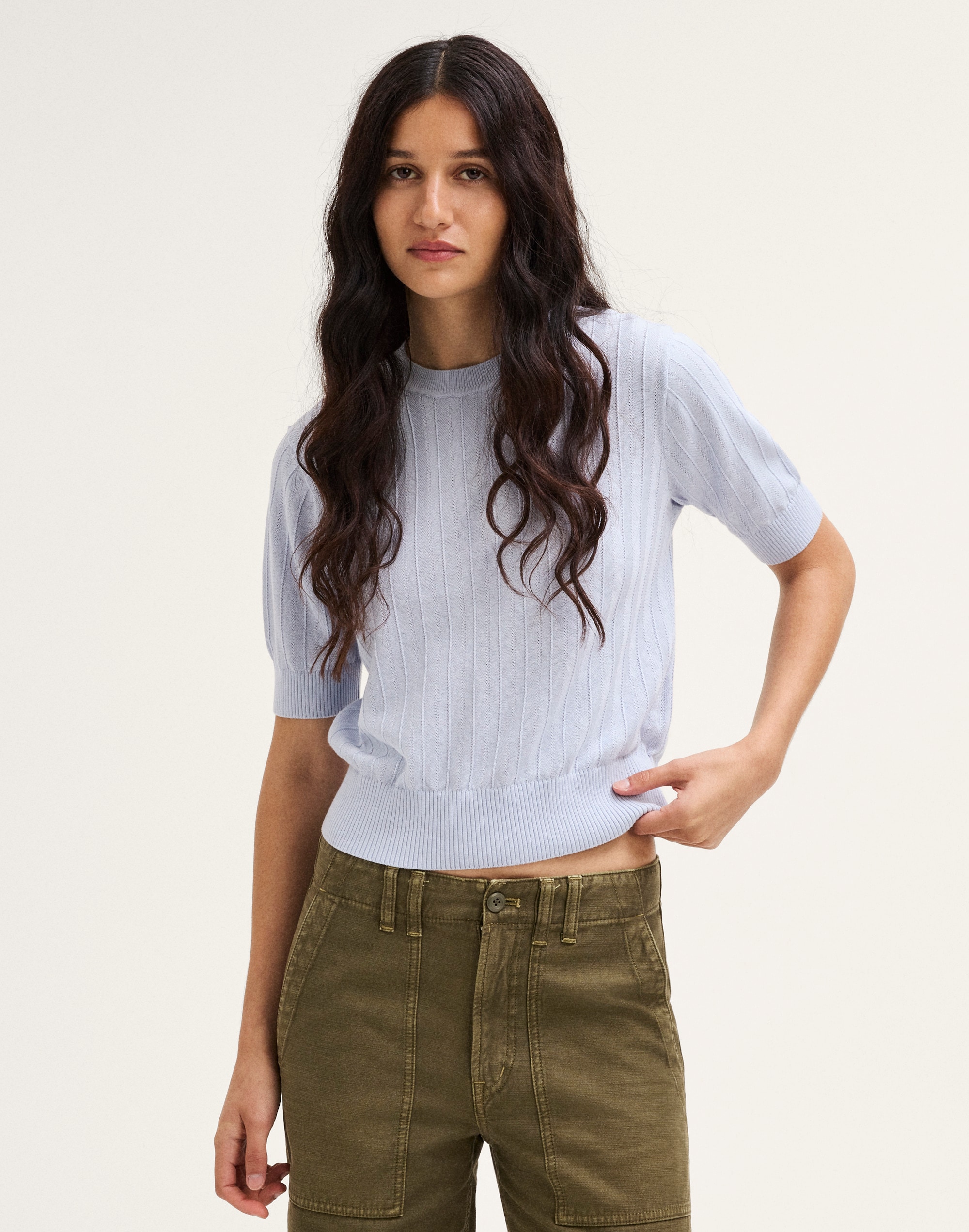 Pointelle-Stitch Crewneck Sweater Tee