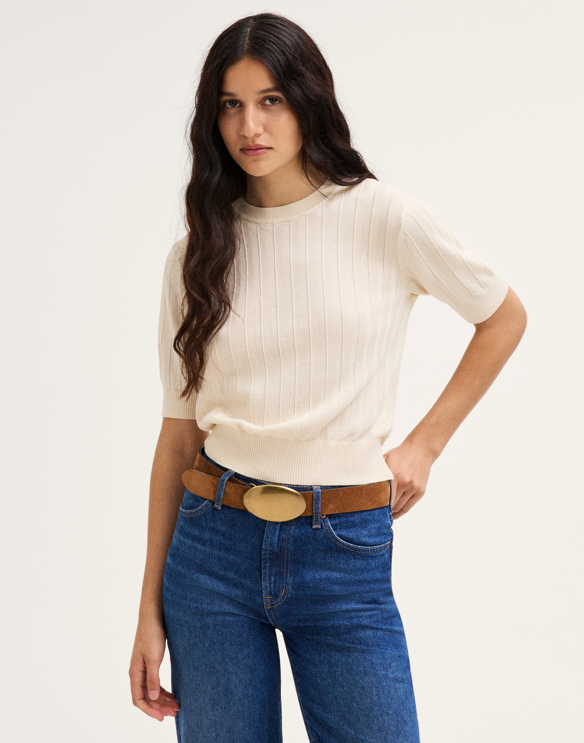 Pointelle-Stitch Crewneck Sweater Tee