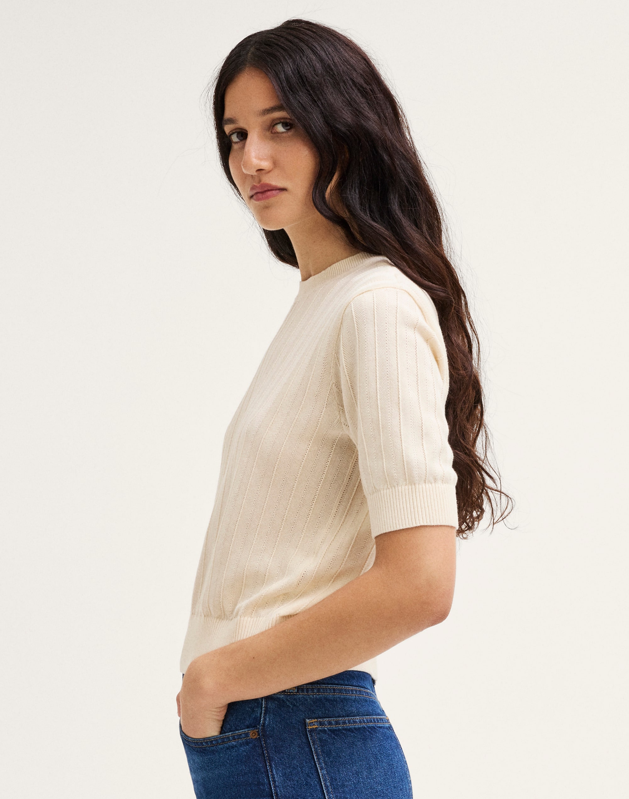 Pointelle-Stitch Crewneck Sweater Tee
