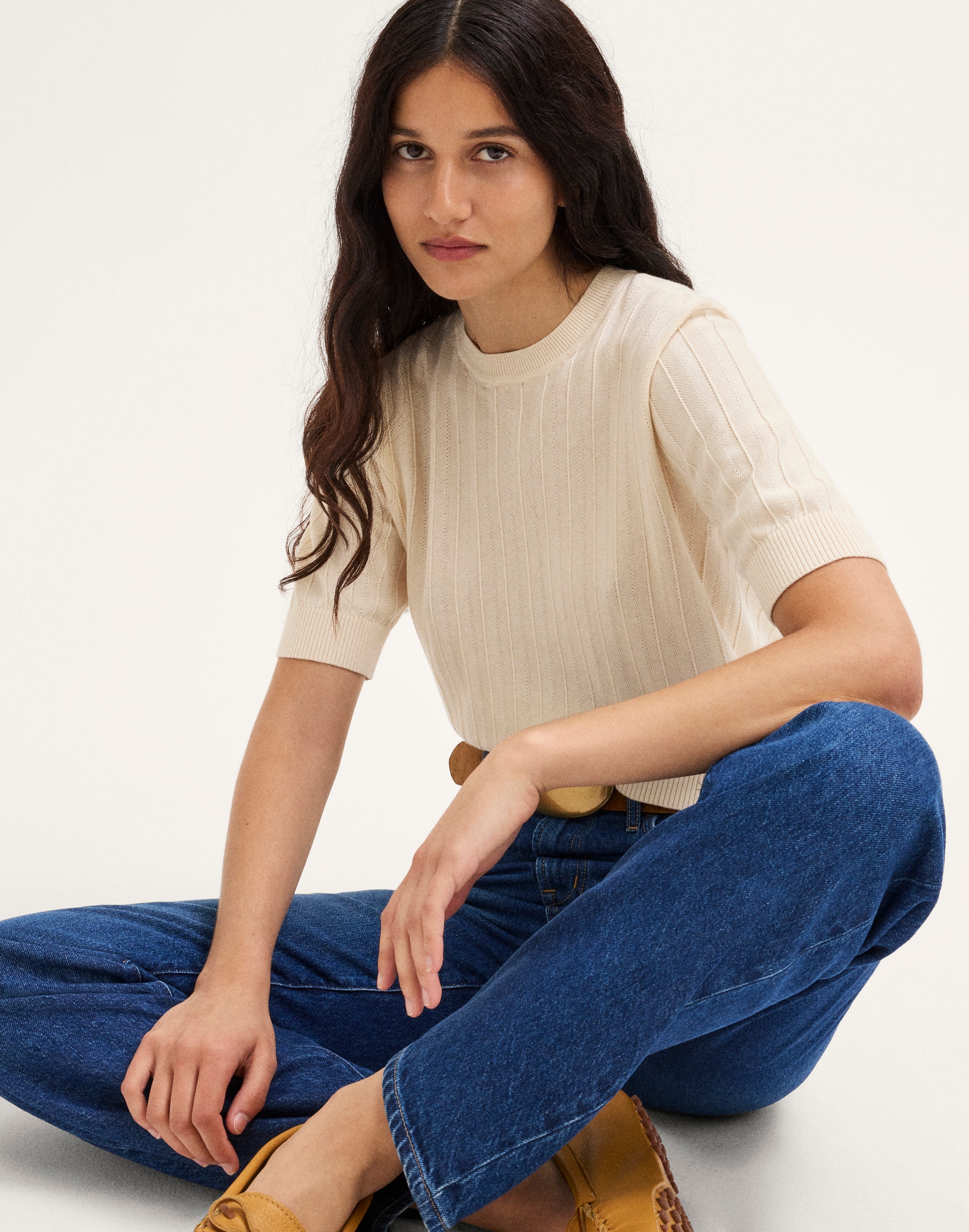 pointelle-stitch crewneck sweater tee