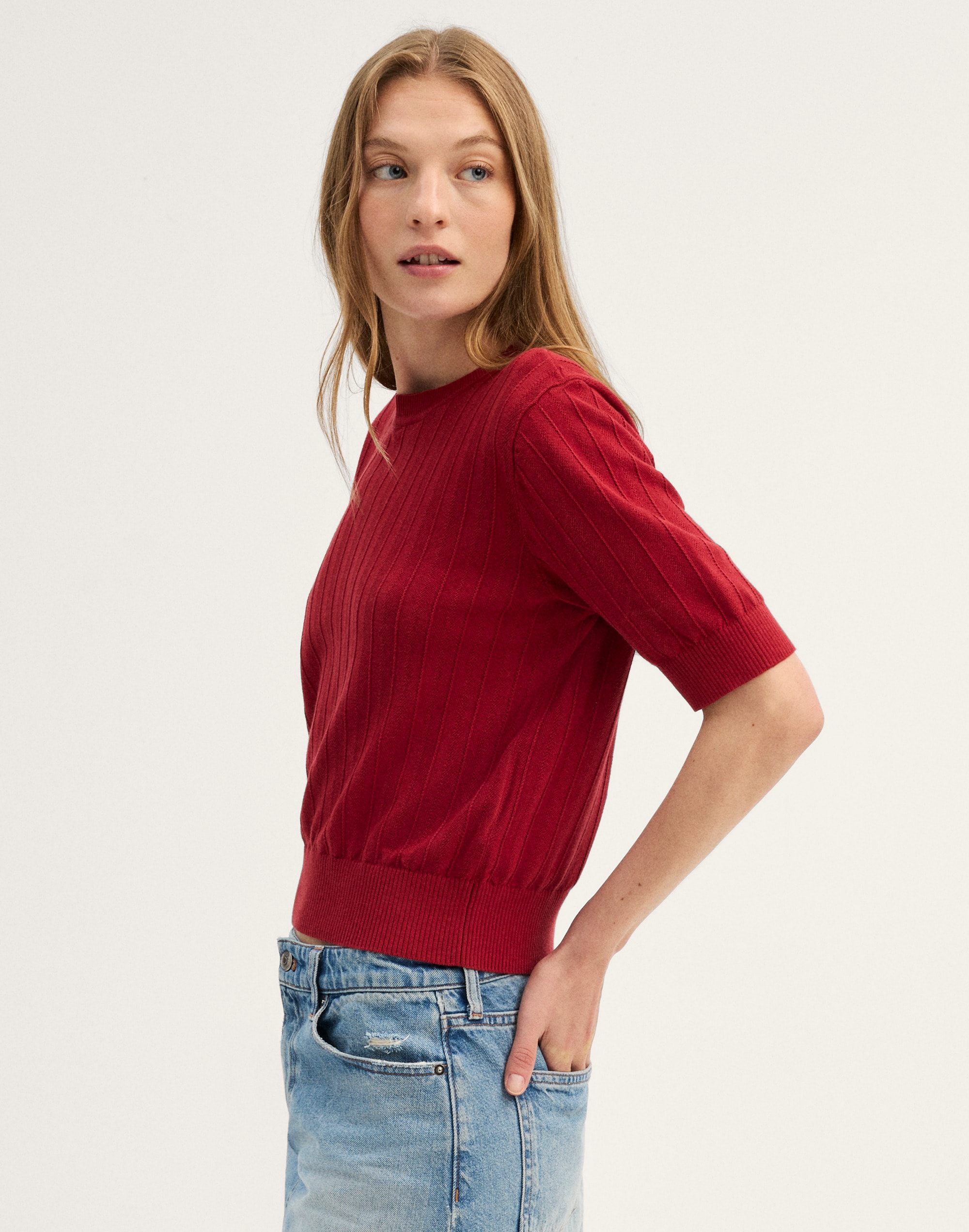 Pointelle-Stitch Crewneck Sweater Tee