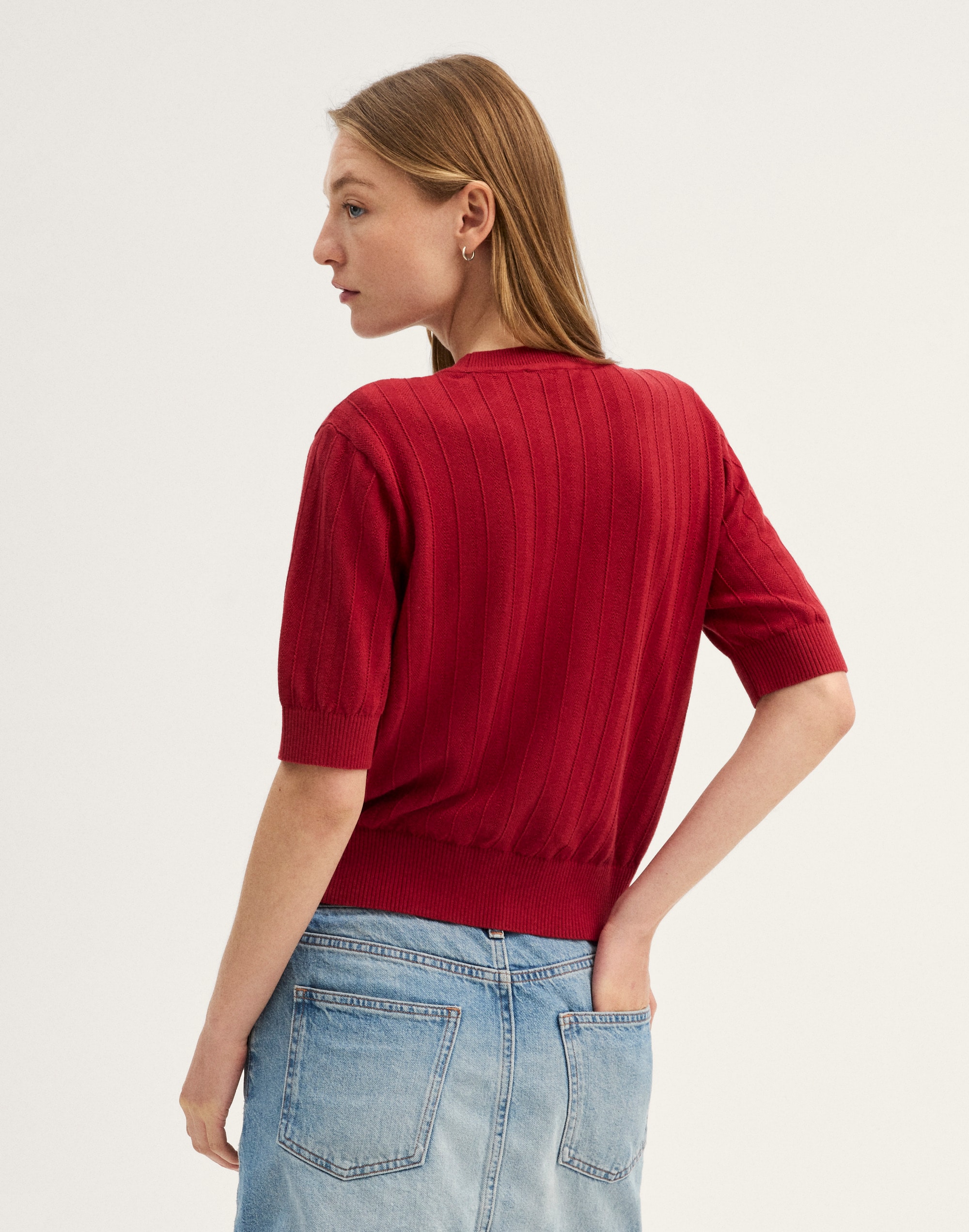 Pointelle-Stitch Crewneck Sweater Tee