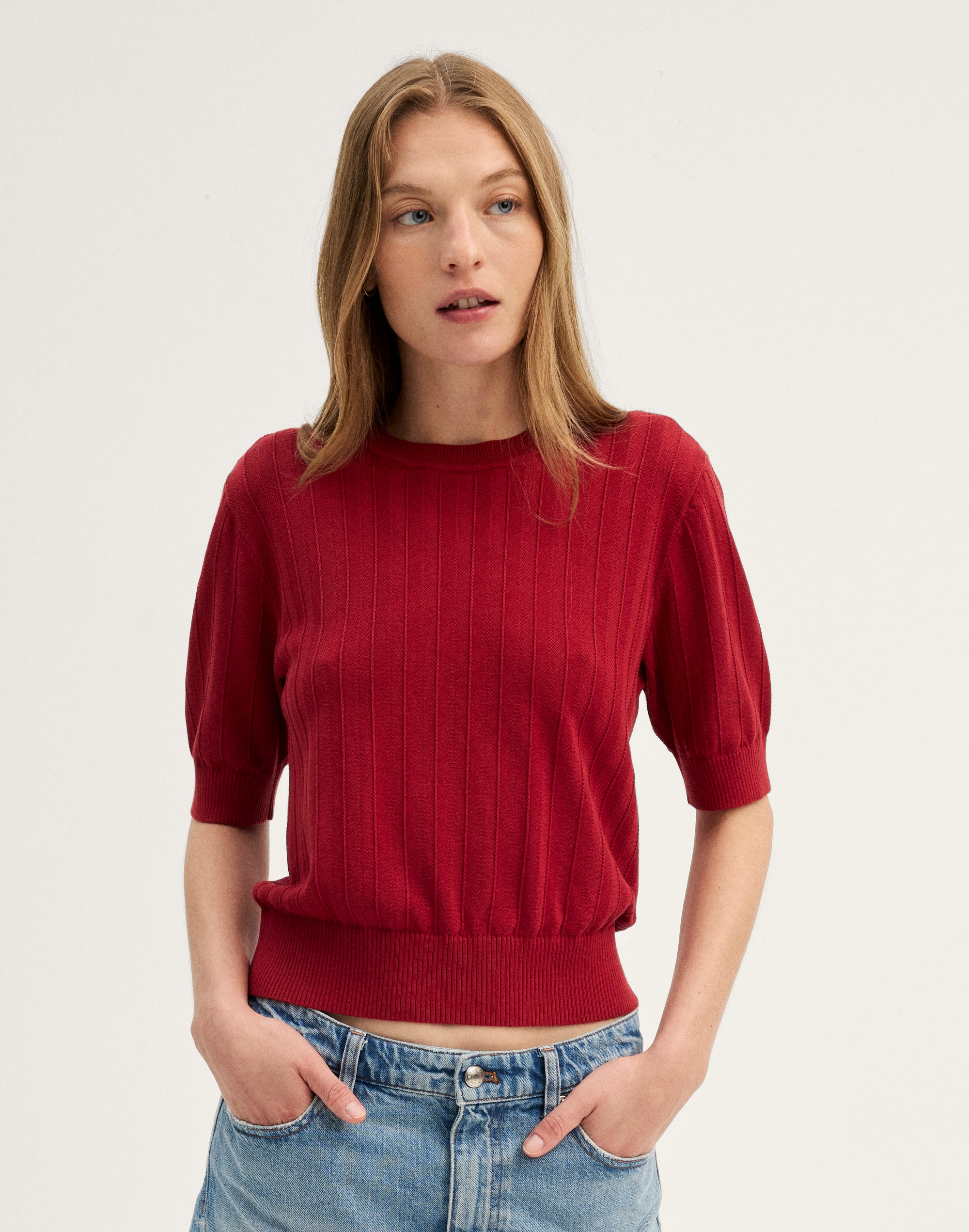 pointelle-stitch crewneck sweater tee